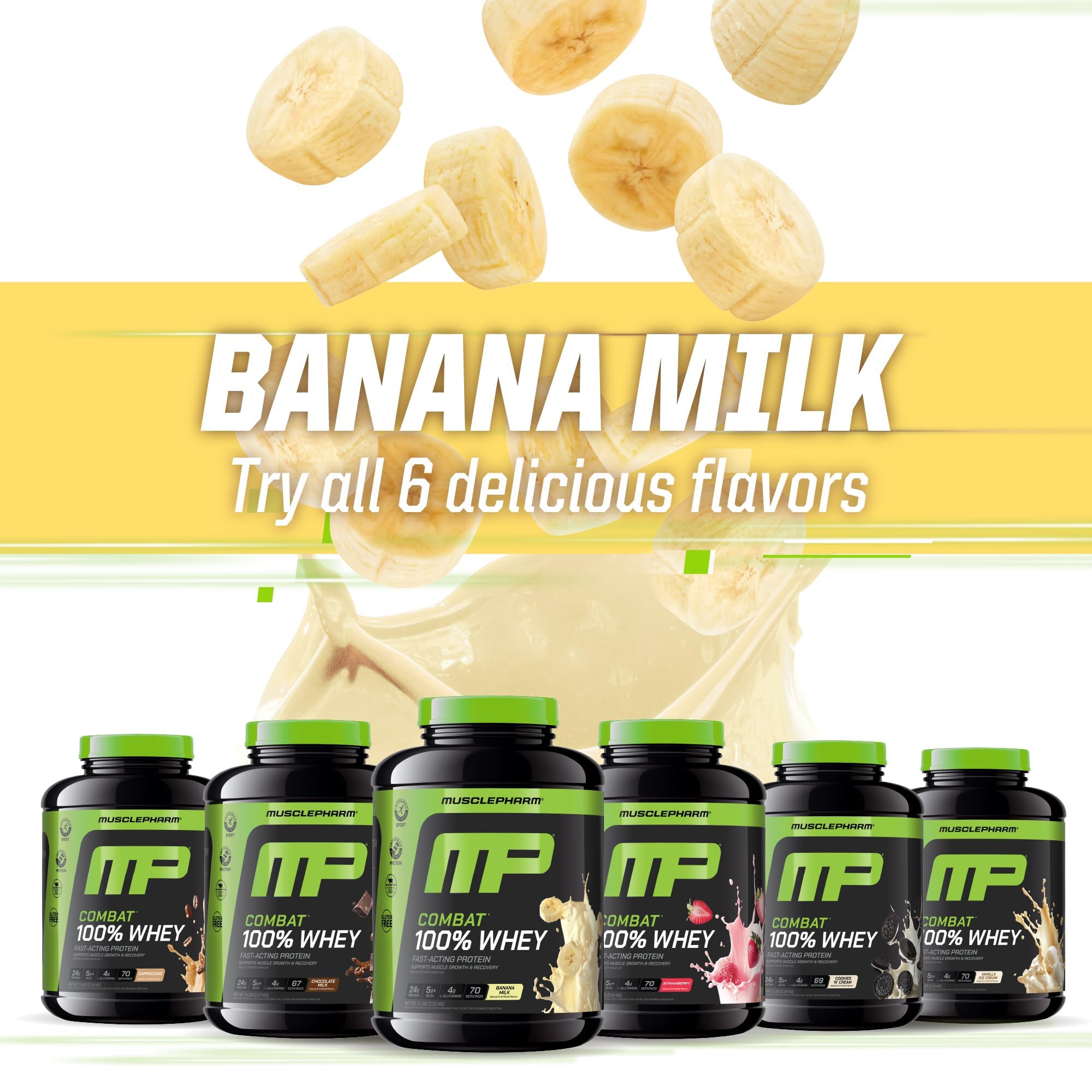 MusclePharm envase 5 lb junto a objetos para comparar tamaño