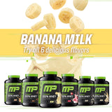 MusclePharm envase 5 lb junto a objetos para comparar tamaño
