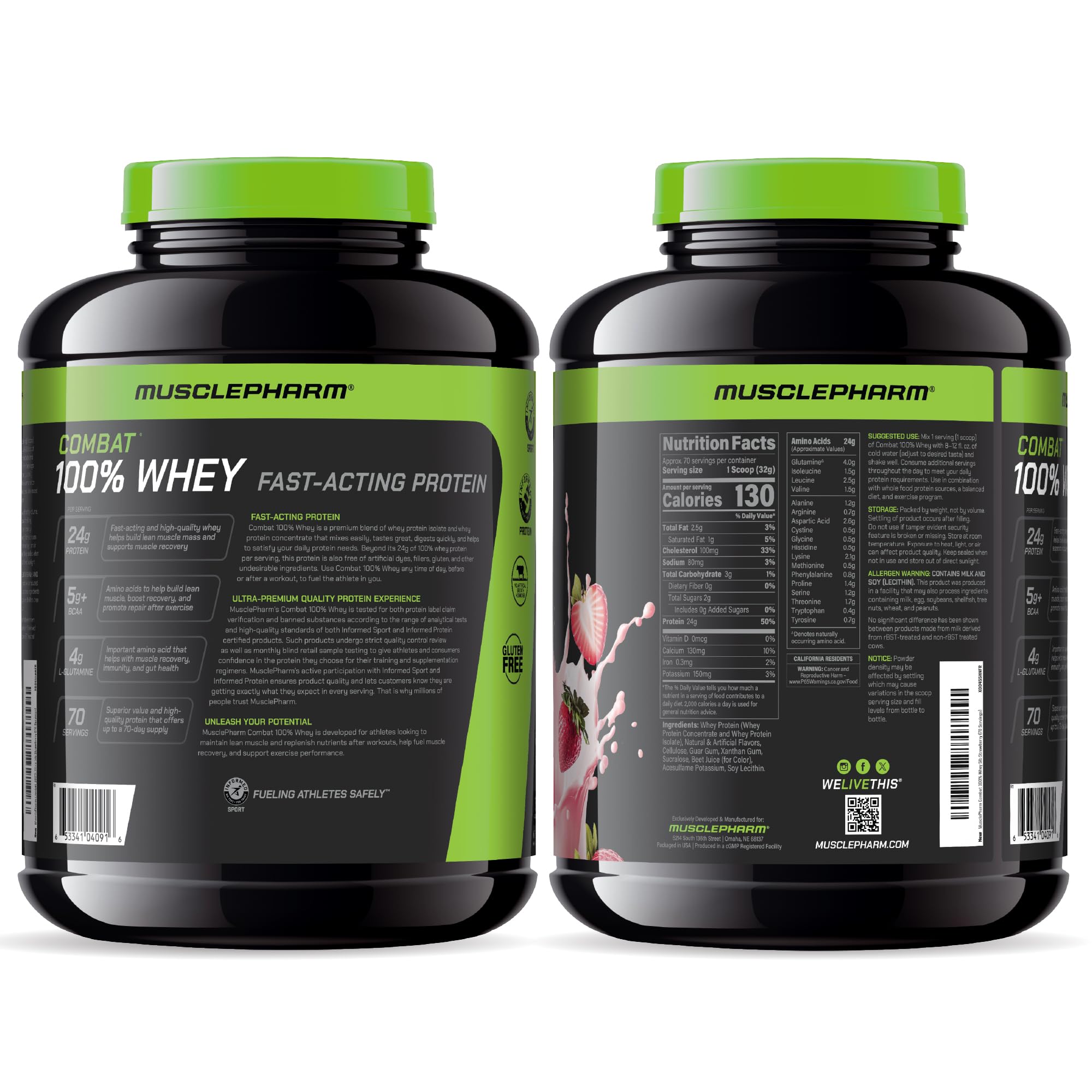 MusclePharm comparativa de tamaño del envase destacando valor y ahorro por servicio