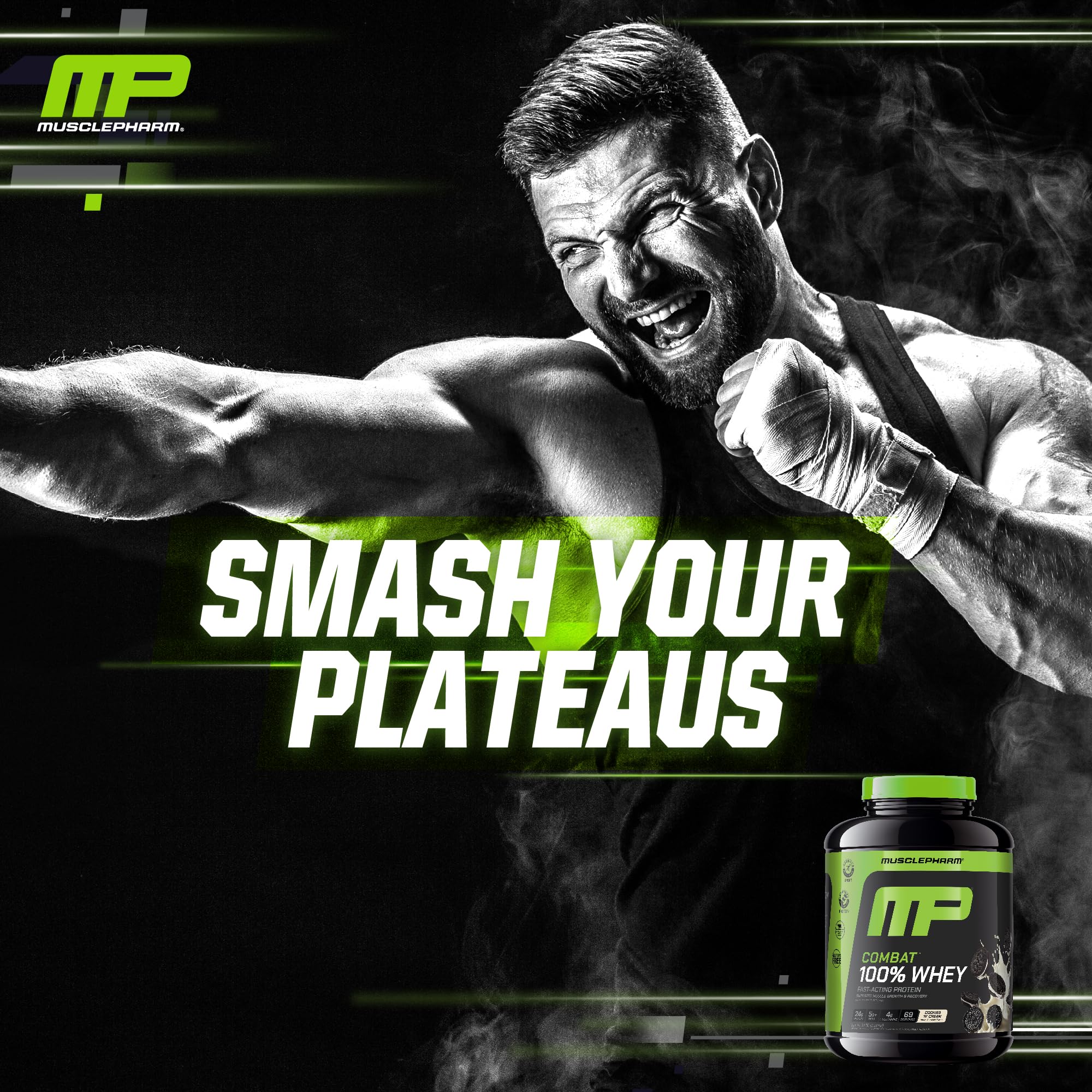 MusclePharm envase 5 lb junto a objetos cotidianos para comparar tamaño