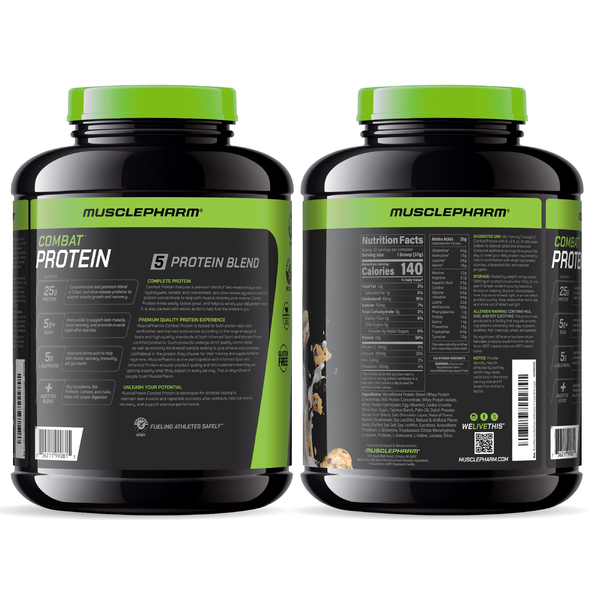 MusclePharm tabla nutricional en closeup, beneficio: información clara por porción