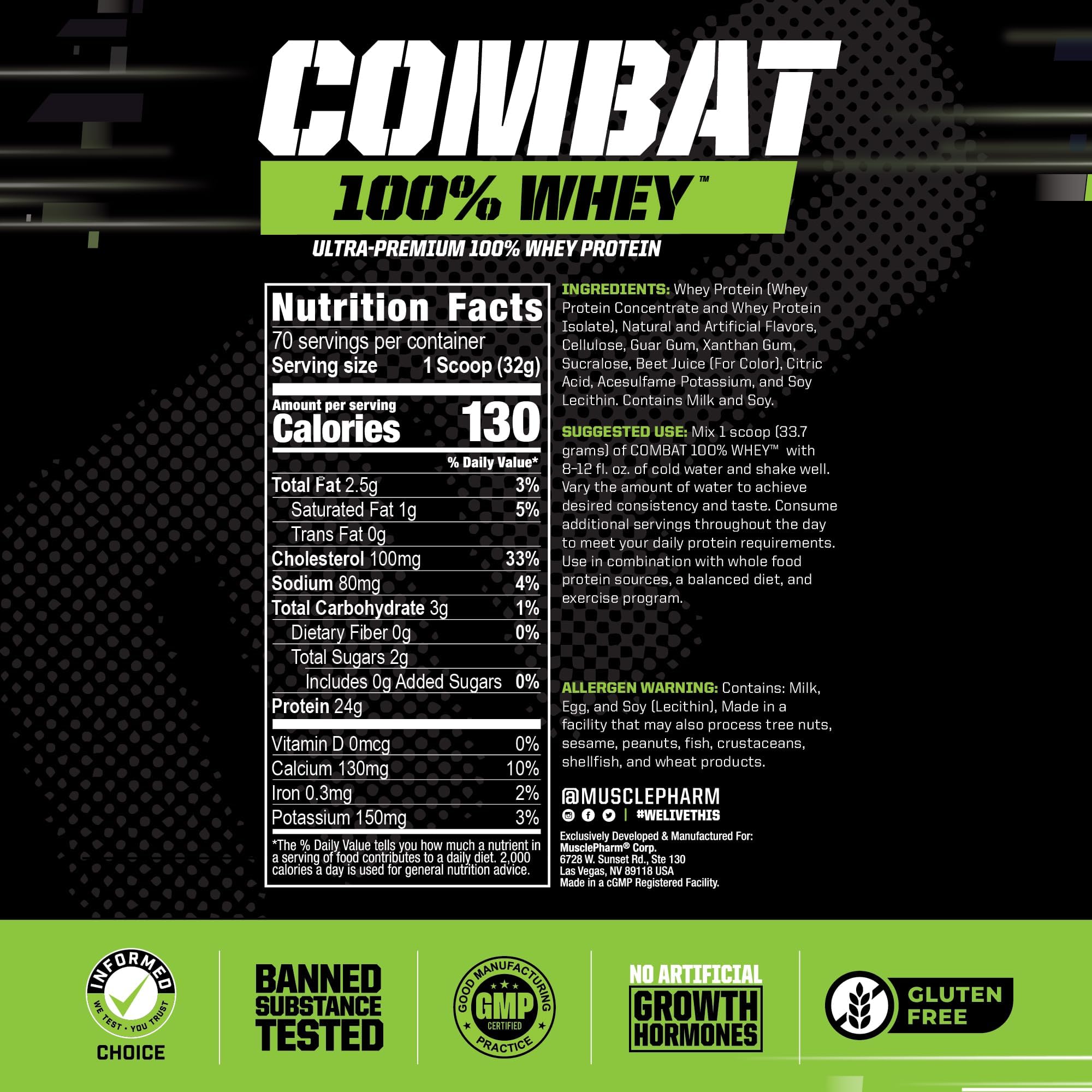 MusclePharm etiqueta nutricional en detalle mostrando 24 g de proteína por porción para toma informada