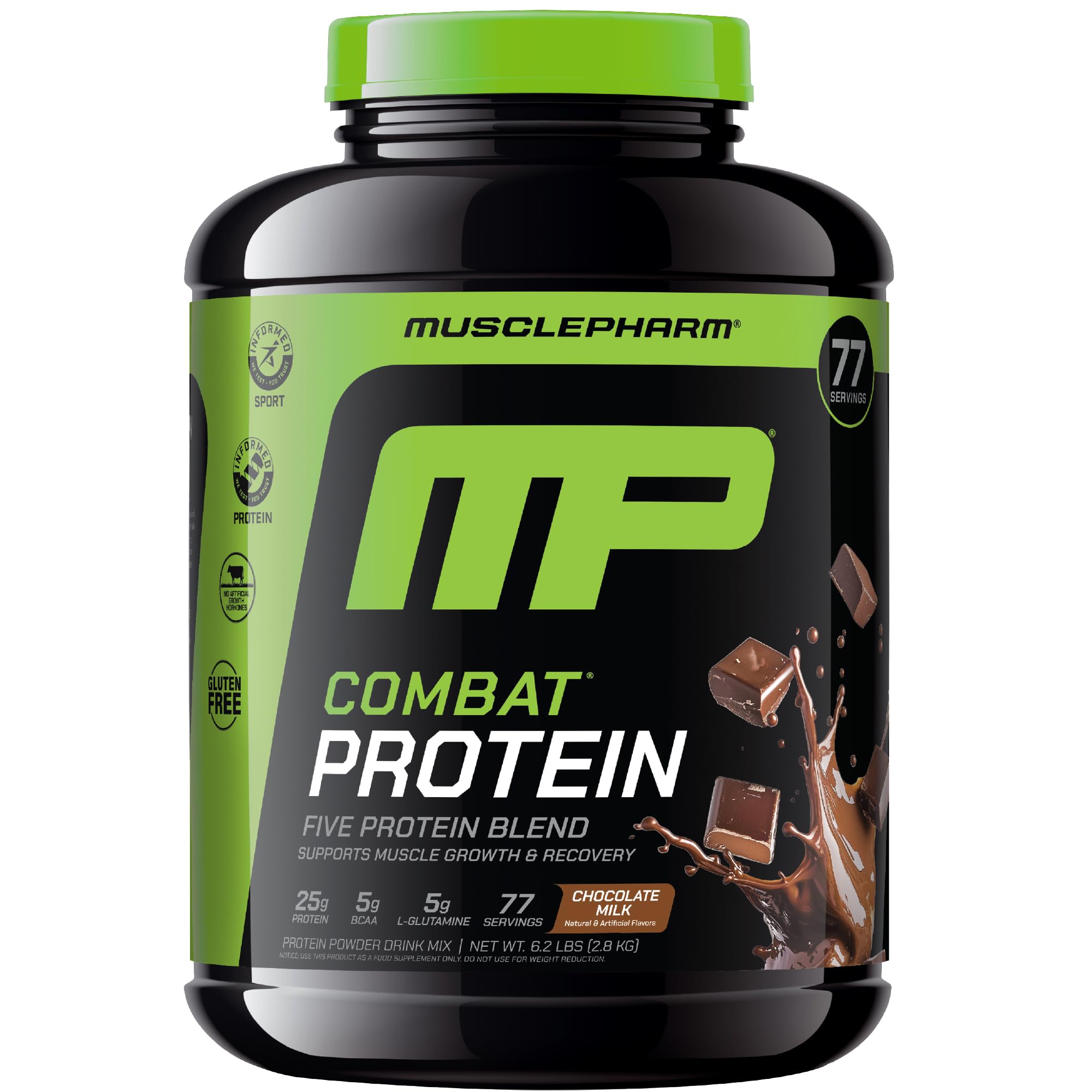 MusclePharm frente del envase mostrando tamaño y sabor Chocolate Milk