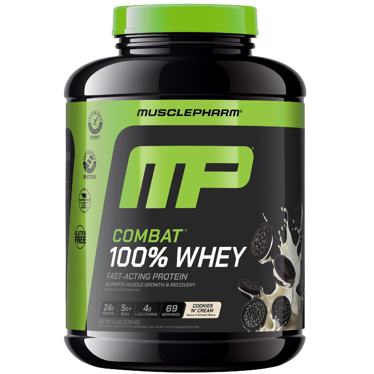 MusclePharm frente del envase mostrando diseño y tamaño, fácil identificación