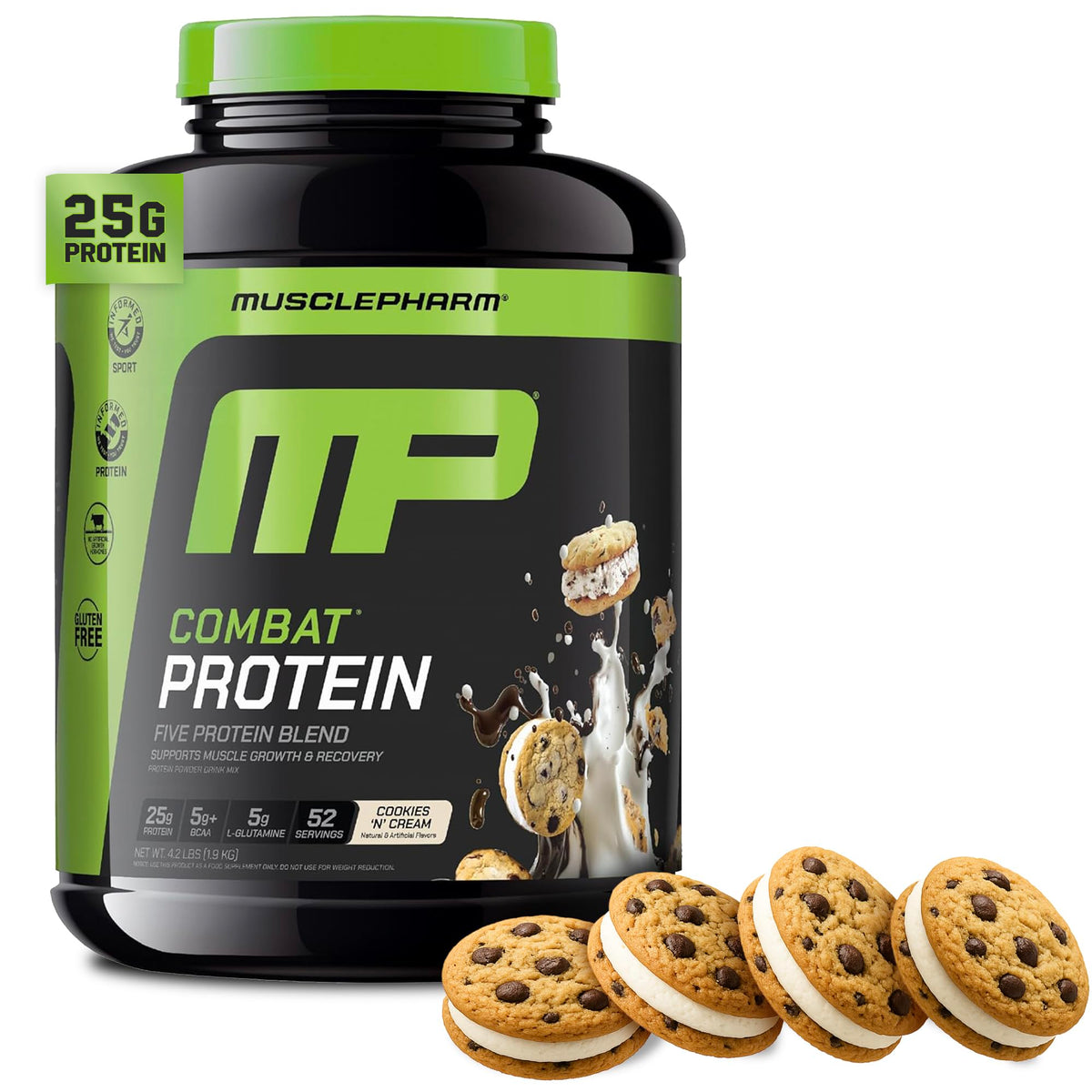 MusclePharm frente del envase mostrando cantidad y sabor, beneficio: claro para elegir