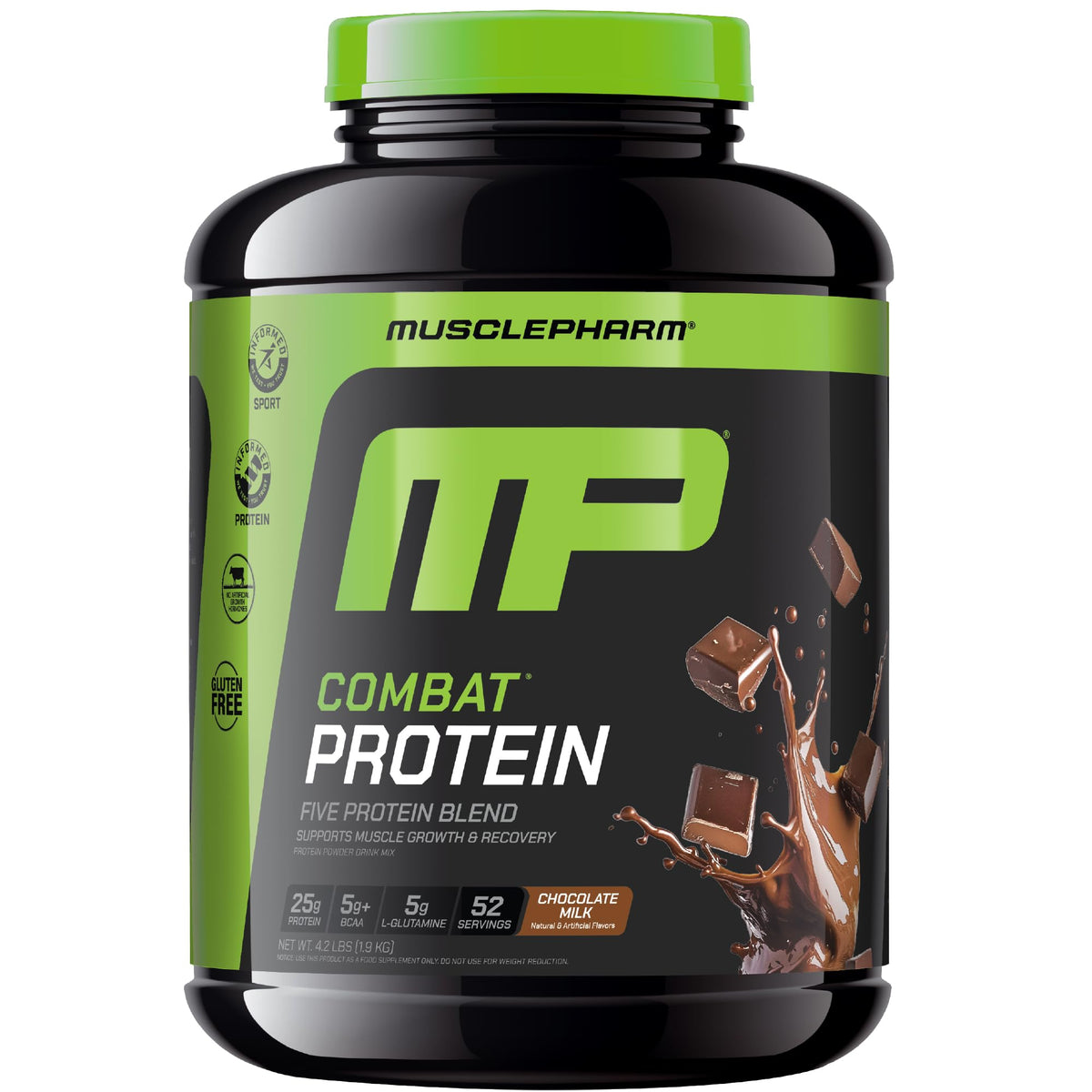MusclePharm envase frontal mostrando tamaño y sabor Chocolate Milk