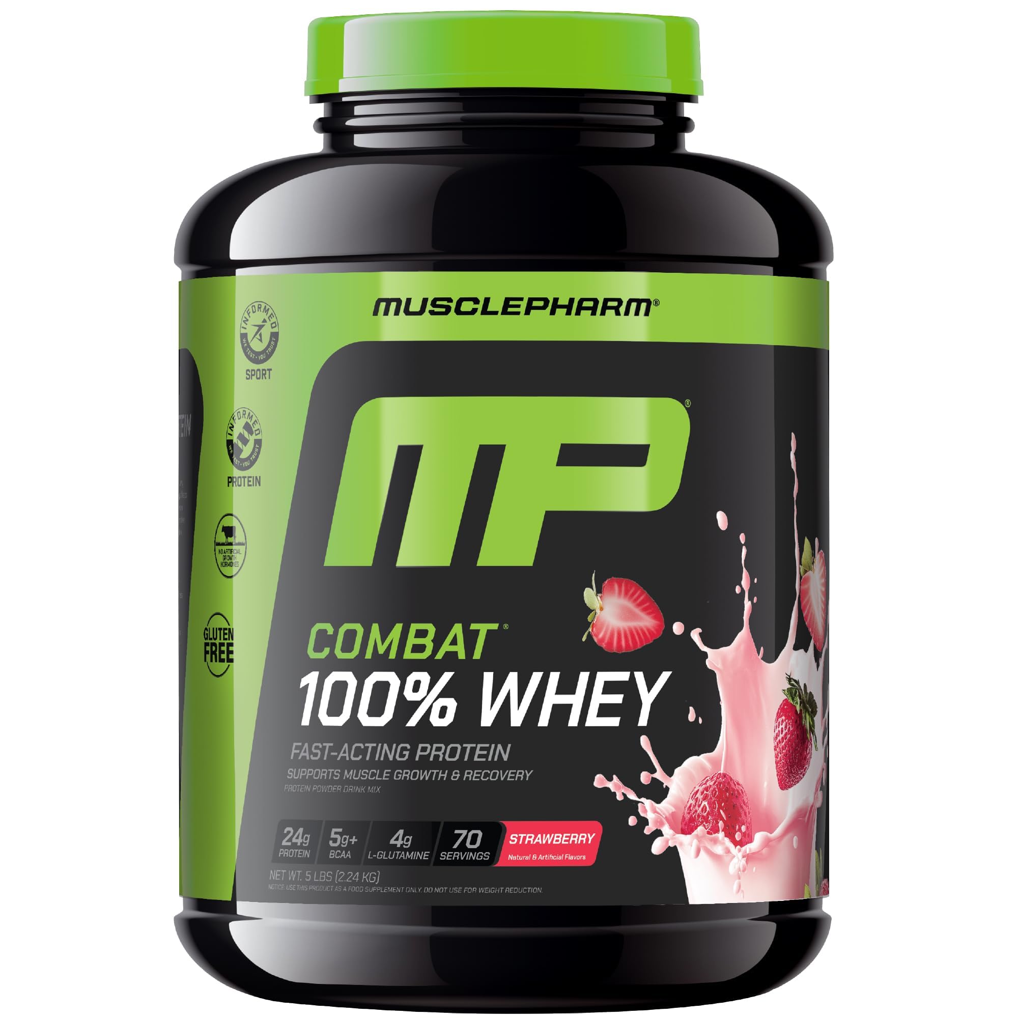 MusclePharm envase frontal de 5 lb con sabor Strawberry Cream y beneficio de suministro prolongado