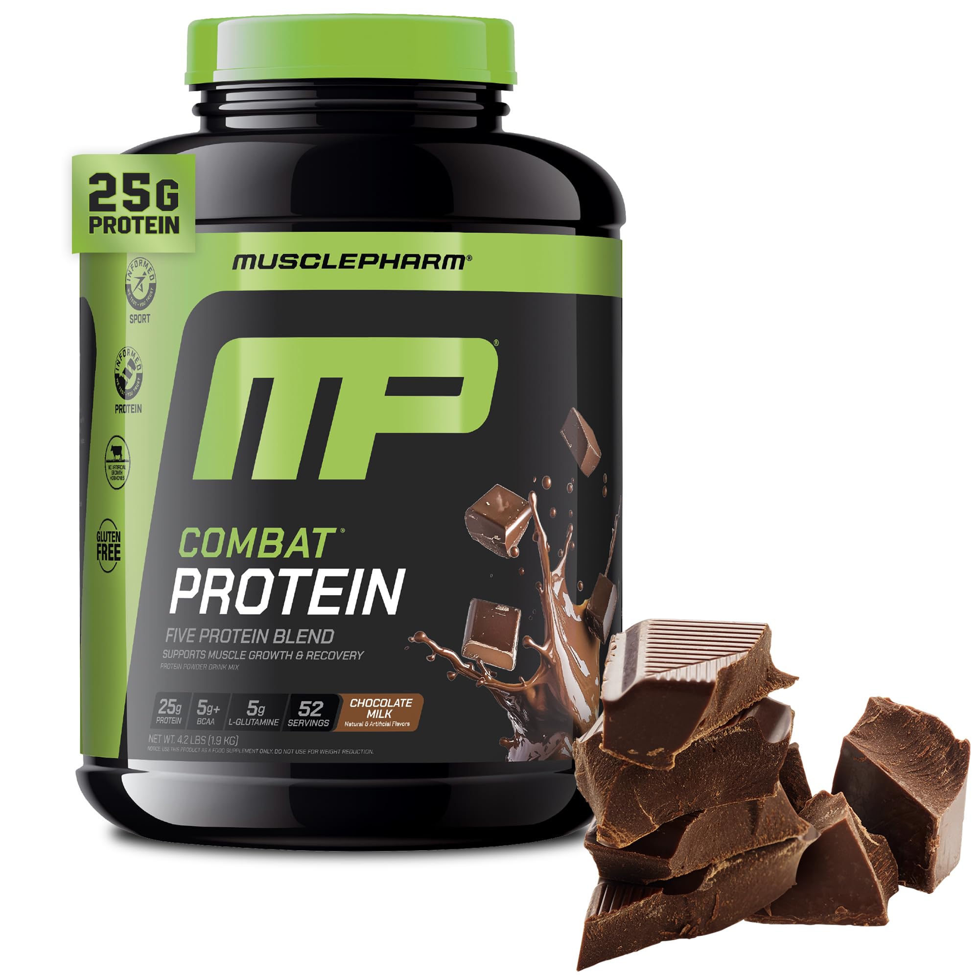 MusclePharm envase frontal Chocolate Milk mostrando marca y beneficio proteico