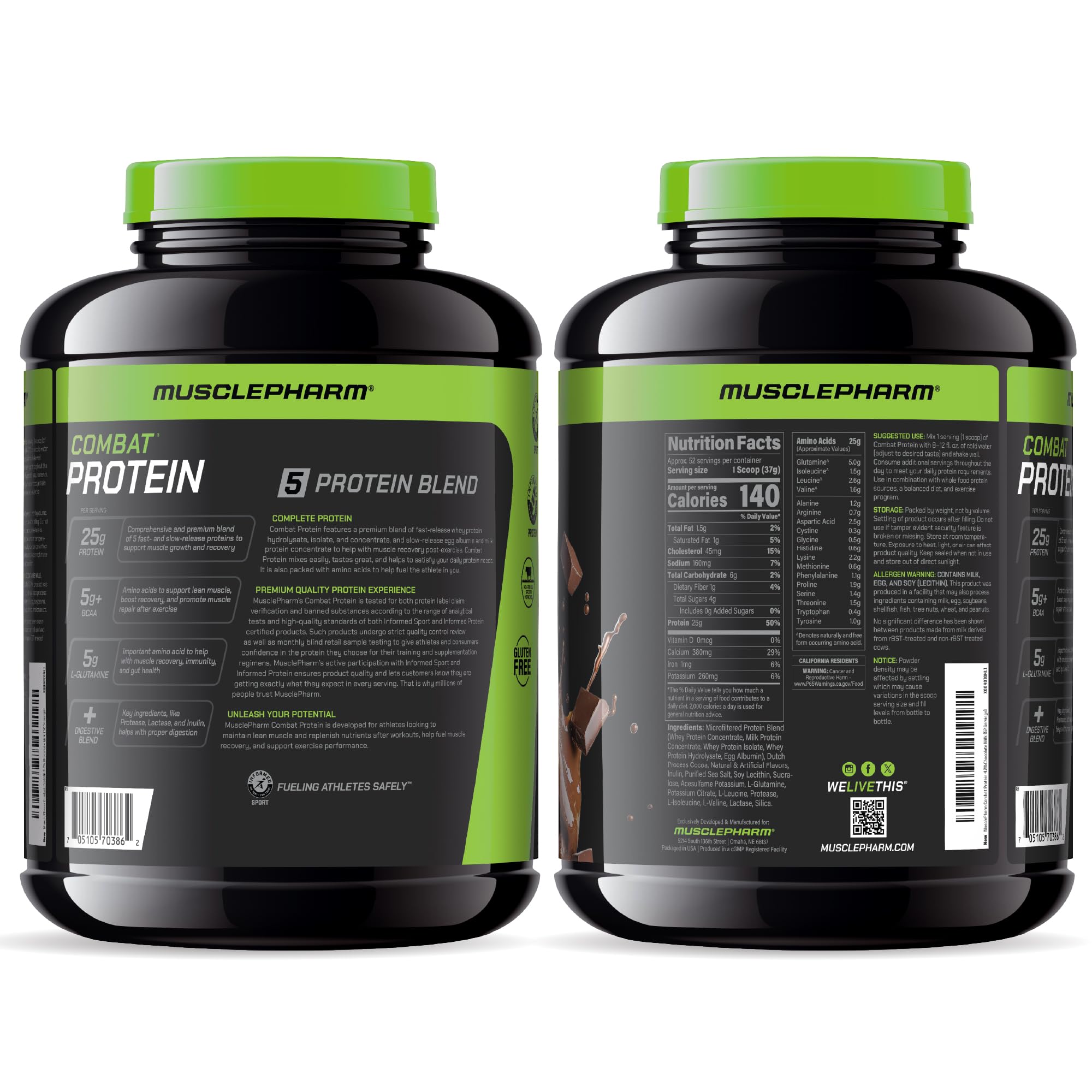 MusclePharm cucharada de polvo mostrando textura fina y mezcla fácil