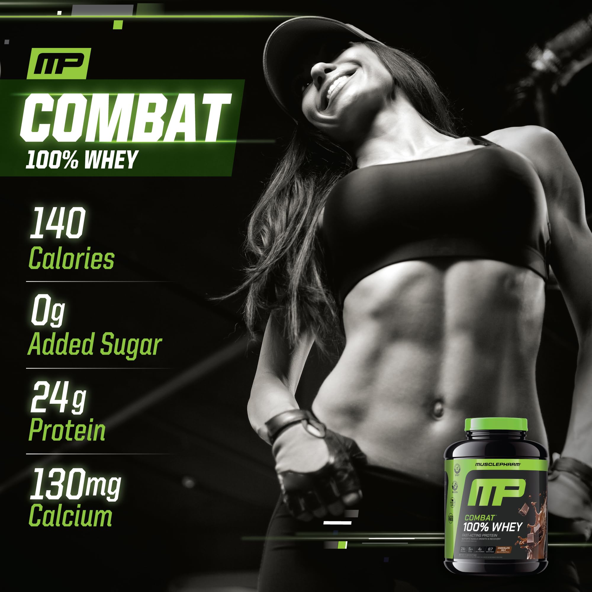 MusclePharm envase de 5 lb comparado con una botella para escala visual