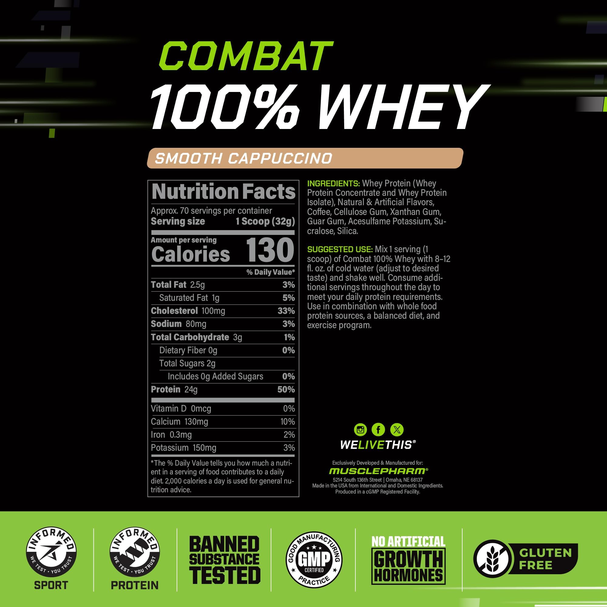 Muscle Pharm polvo textura fina demostrando mezcla rápida y fácil disolución