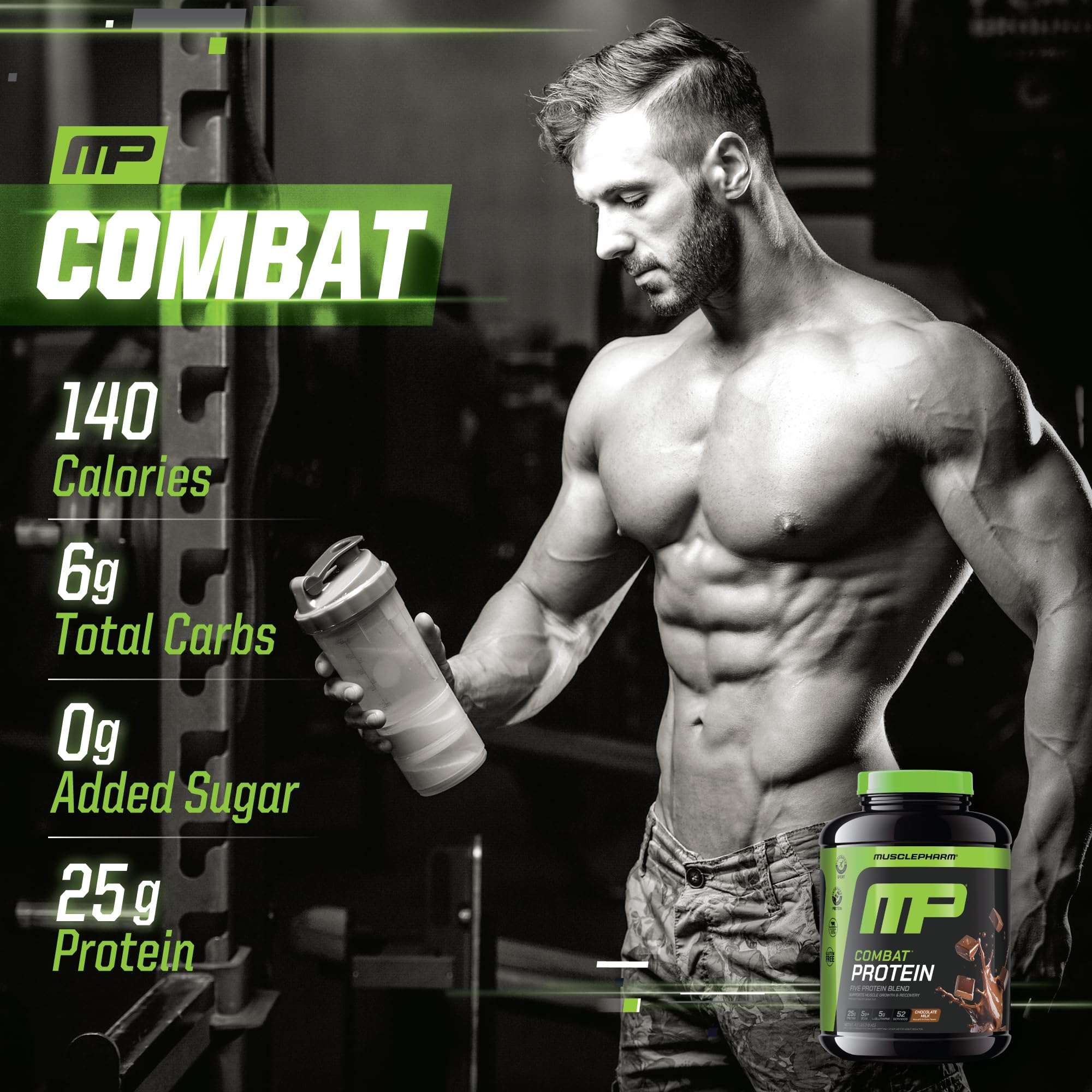 MusclePharm vaso junto a pesas indicando uso post entrenamiento