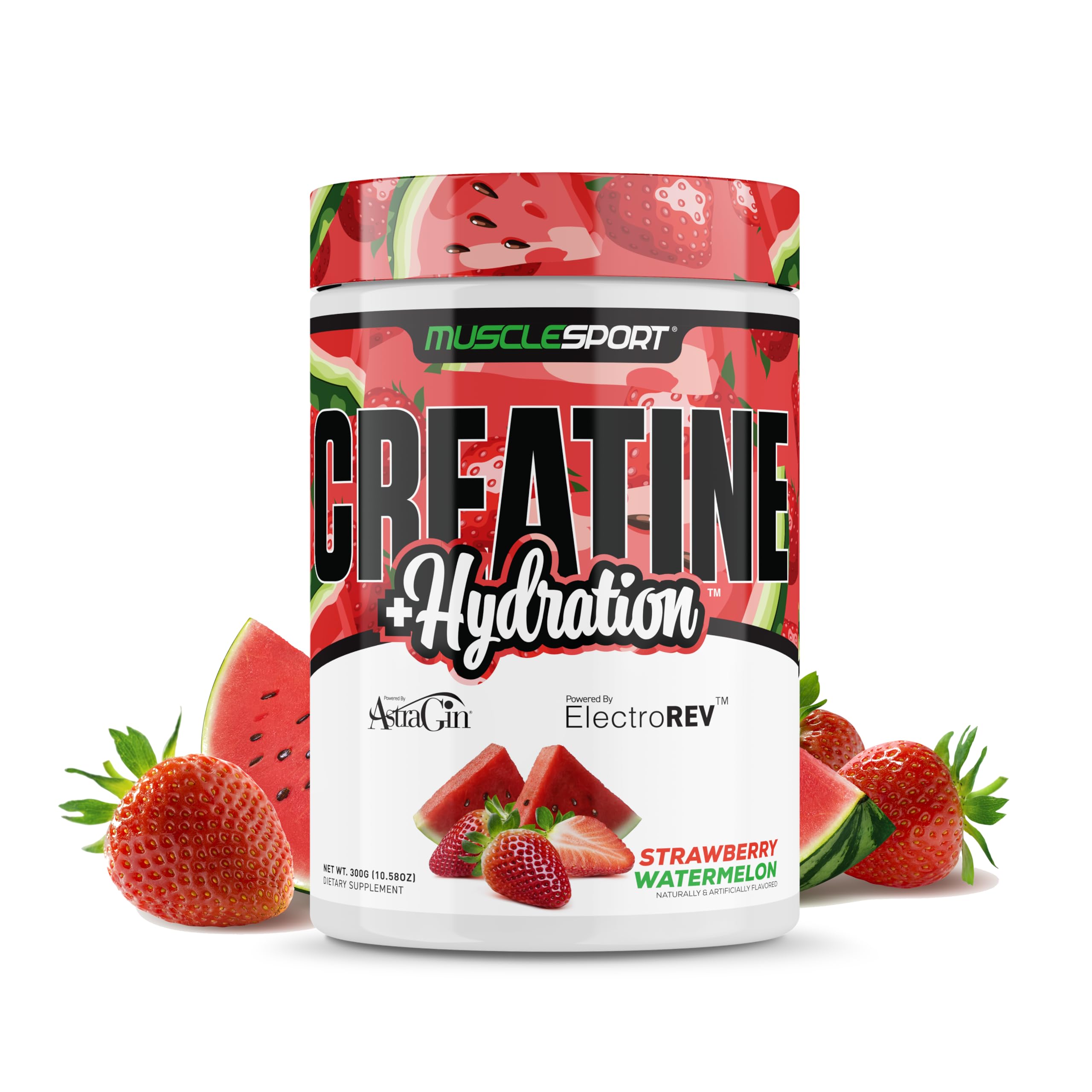 Musclesport creatine Hydration frente del tarro mostrando etiqueta y beneficio de 60 servicios