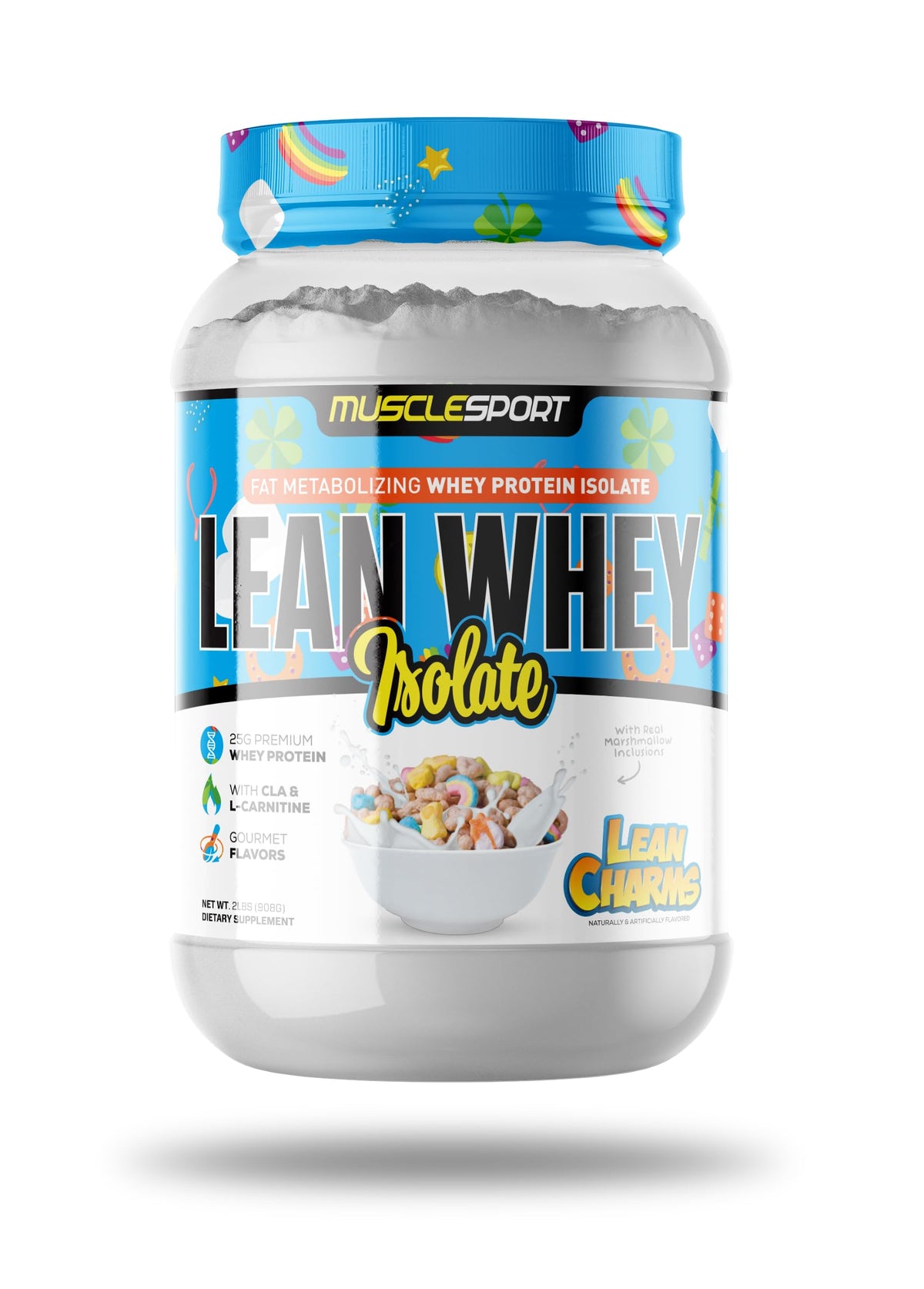 MuscleSport frasco frontal mostrando diseño y objetivo bajo en calorías