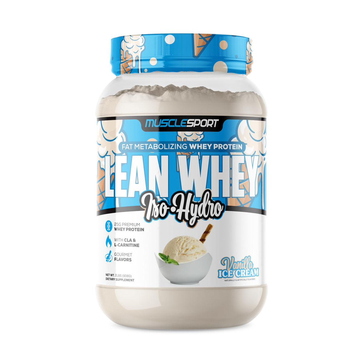 Musclesport envase Vainilla mostrando diseño y beneficio de proteína magra
