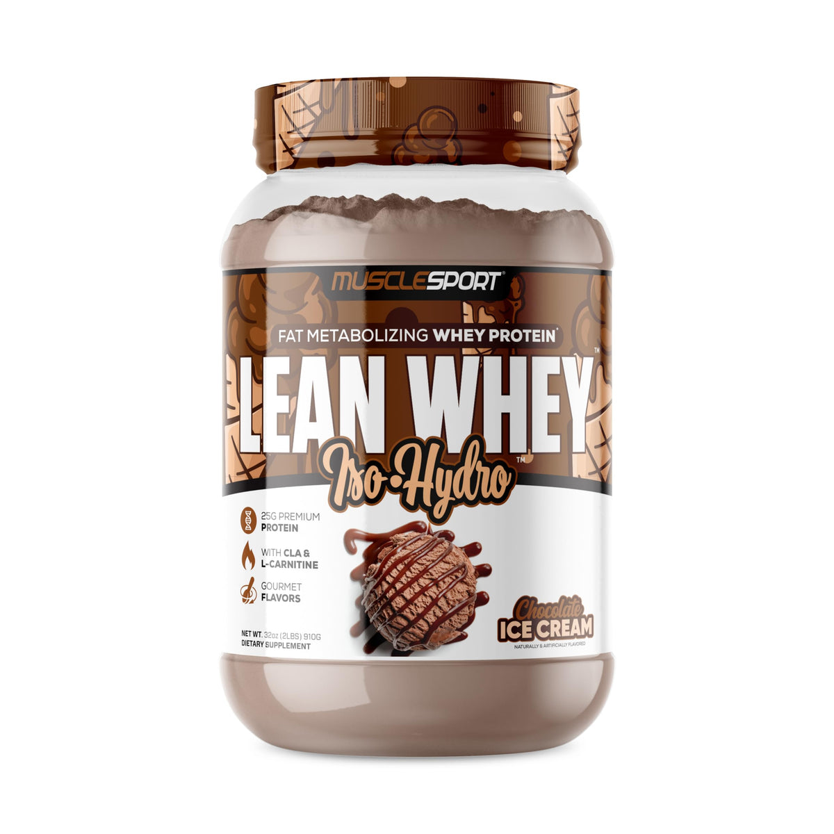 MuscleSport envase frontal Lean Whey Revolution mostrando sabor Chocolate Ice Cream y beneficio bajo en calorías