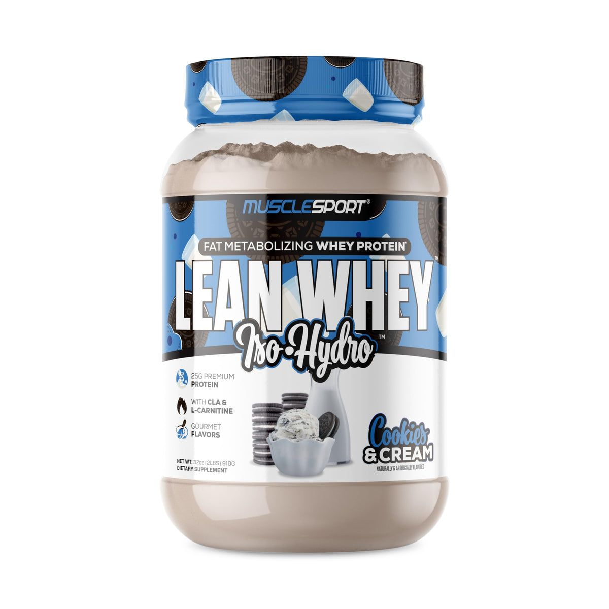 MuscleSport presentación frontal Lean Whey Revolution, envase claro y beneficios visibles