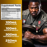 MuscleTech AlphaTest botella junto a una pesa para comparar tamaño y suministro mensual