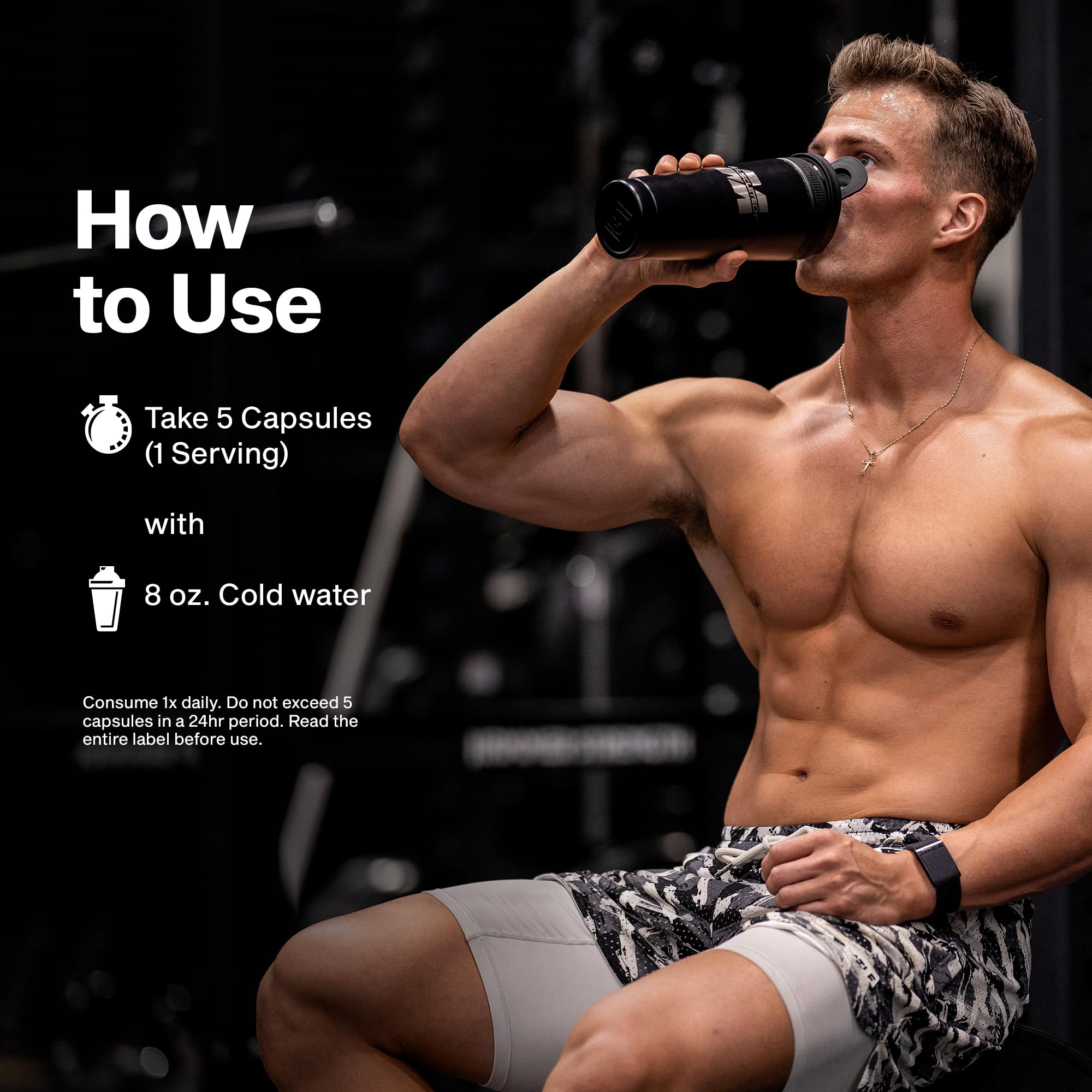 MuscleTech frasco AlphaTest abierto mostrando cápsulas y cantidad por envase