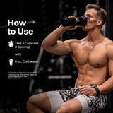 MuscleTech frasco AlphaTest abierto mostrando cápsulas y cantidad por envase