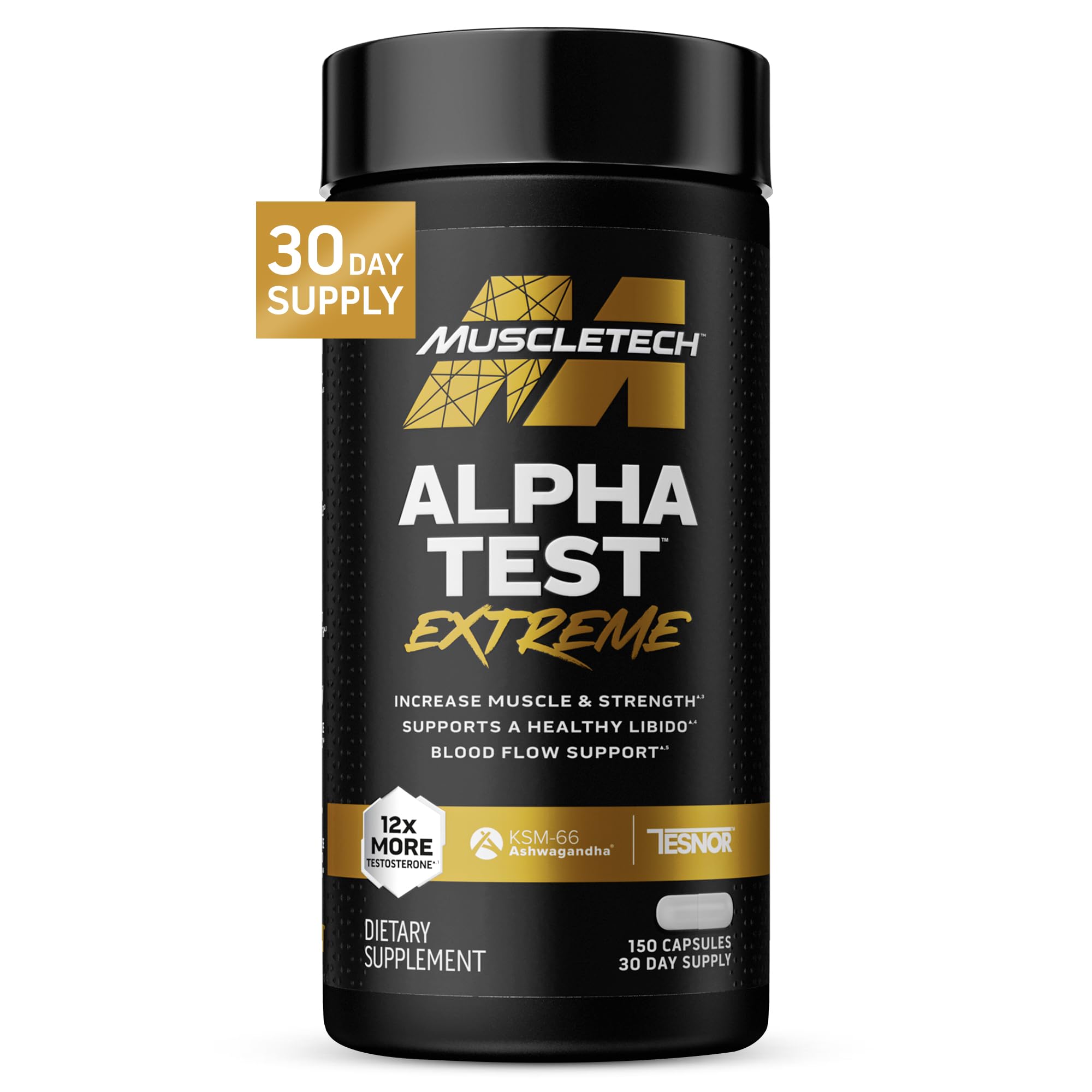 MuscleTech envase AlphaTest frente mostrando diseño y beneficio de fuerza