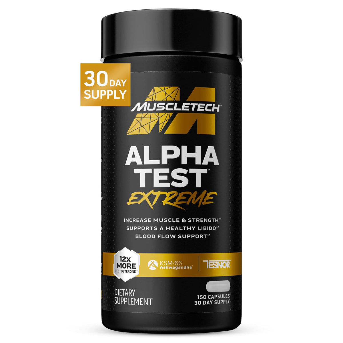 MuscleTech envase AlphaTest frente mostrando diseño y beneficio de fuerza