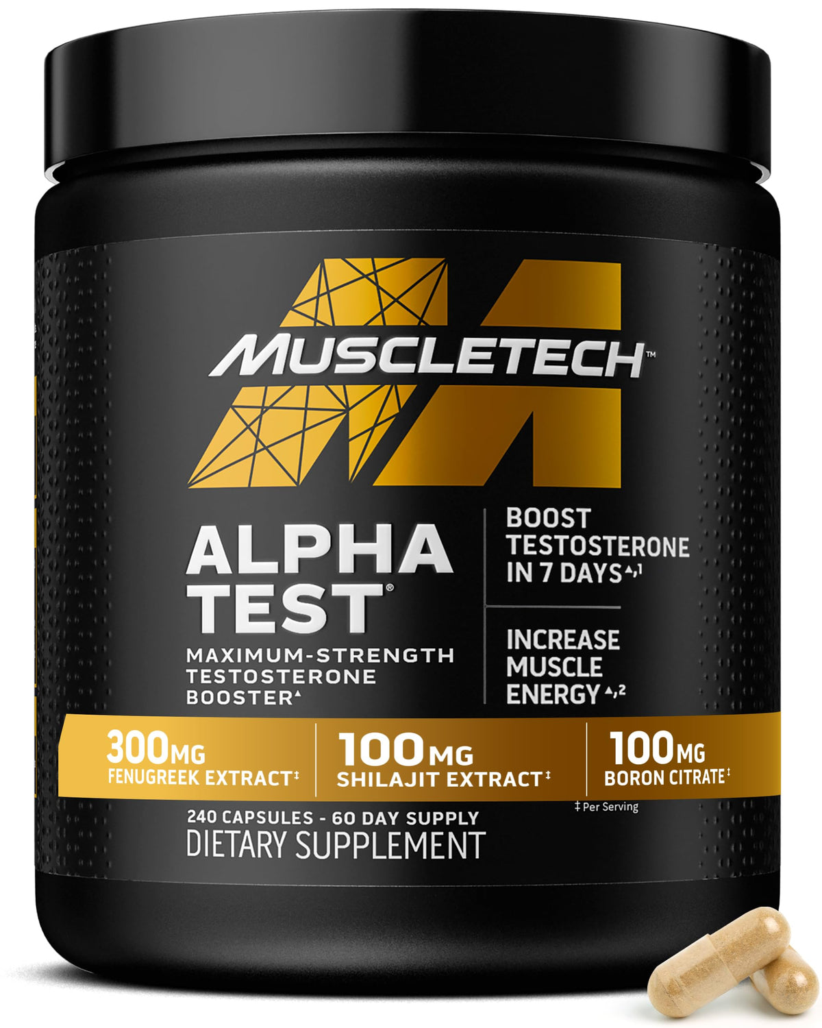 MuscleTech AlphaTest frente del envase mostrando formato y duración