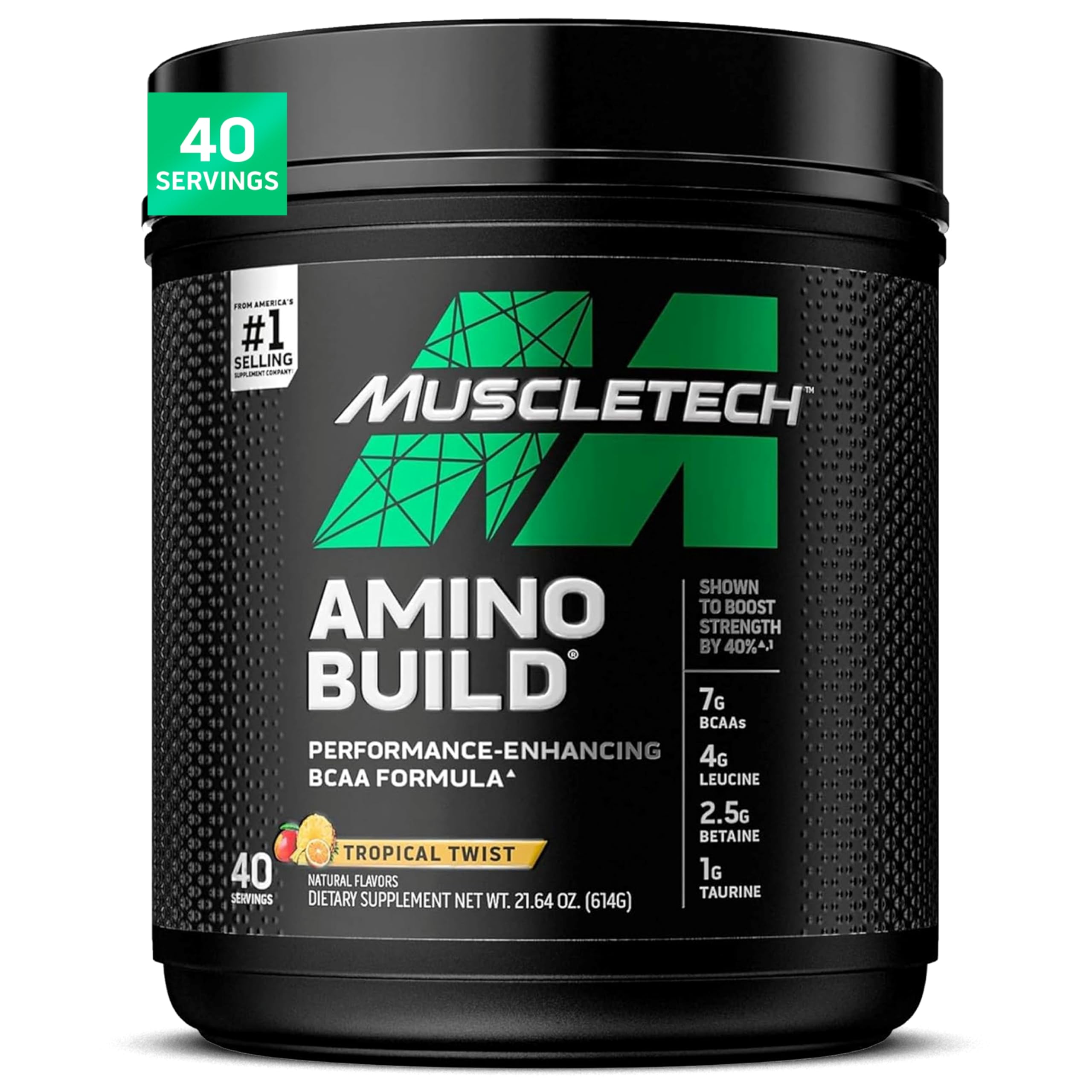 MuscleTech frente del envase mostrando 614 g y sabor Tropical Twist, fácil identificación