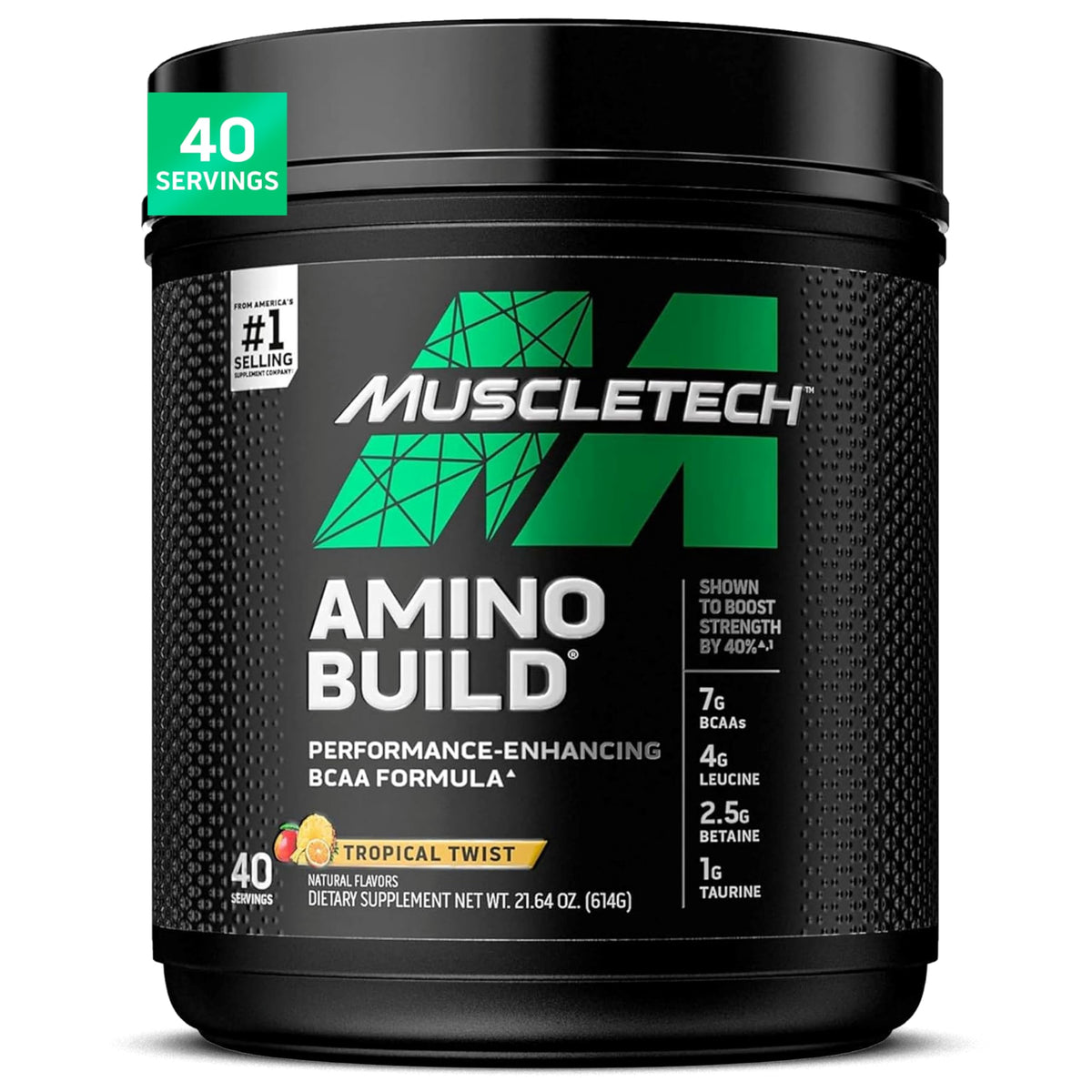 MuscleTech frente del envase mostrando 614 g y sabor Tropical Twist, fácil identificación
