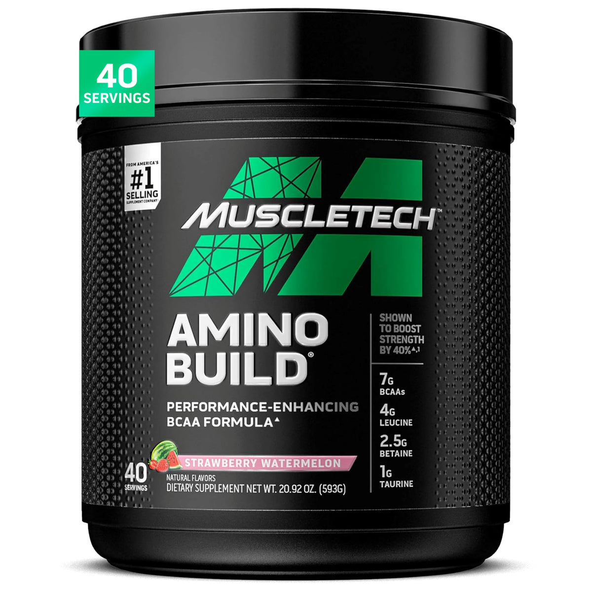 MuscleTech envase Amino Build fresa sandía mostrando frente y marca beneficios