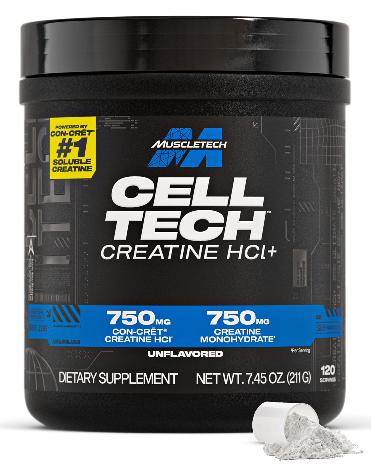 MuscleTech frasco Cell-Tech Creactor visto de frente, envase claro y compacto para duración prolongada