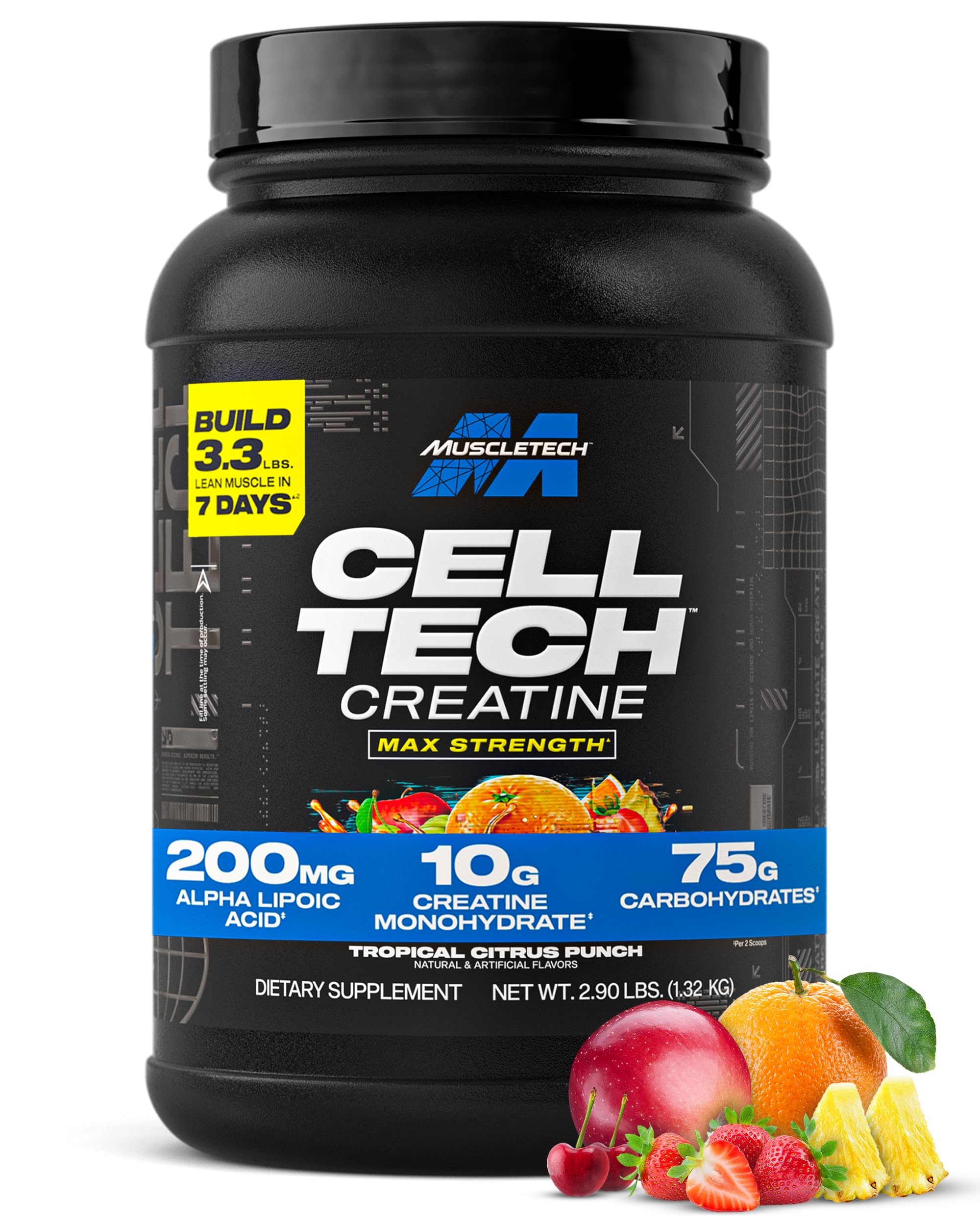 MuscleTech Cell‑Tech frente del envase mostrando sabor Tropical Citrus Punch y beneficio recuperación