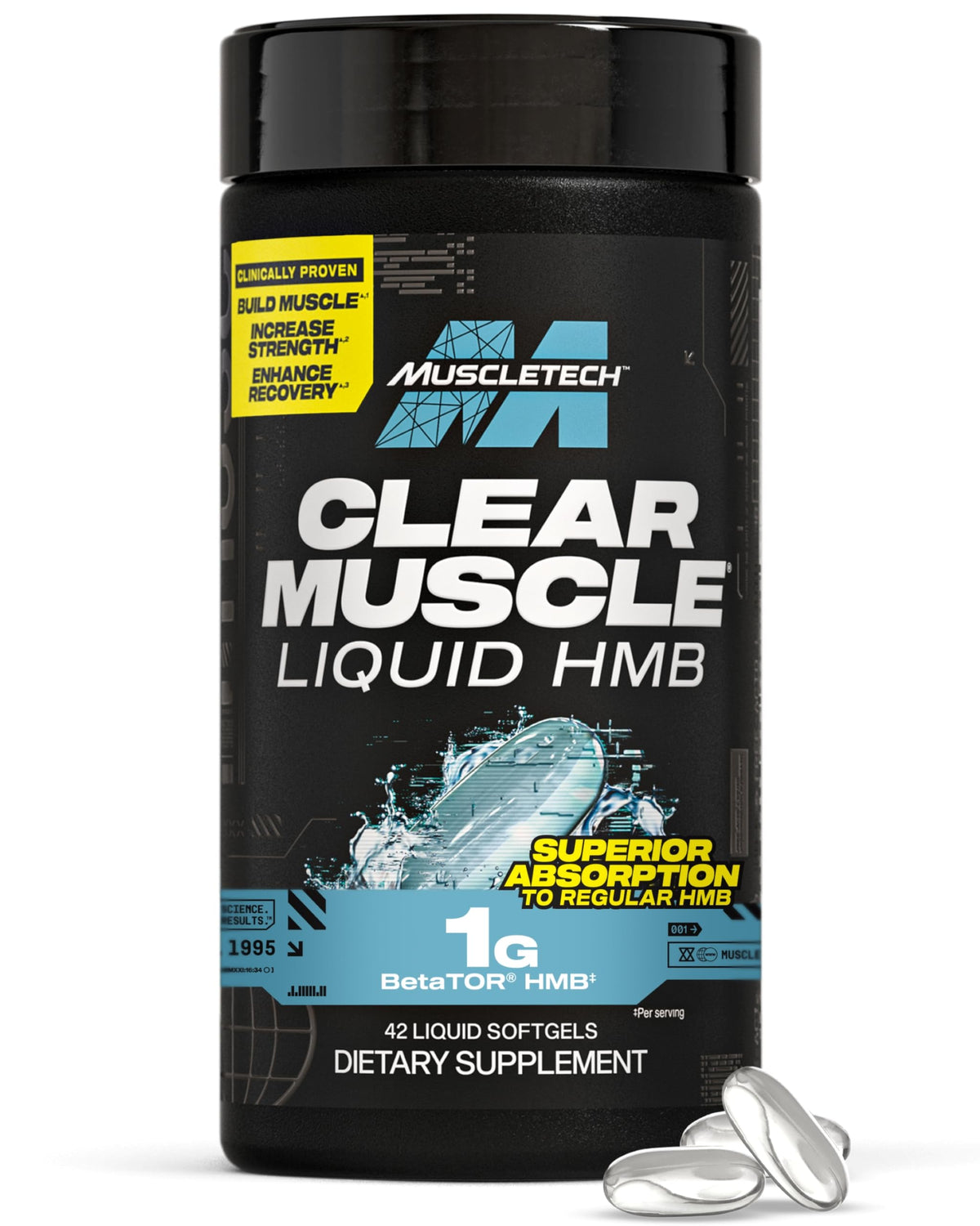 MuscleTech envase Clear Muscle visible, práctico para programación de suplementación