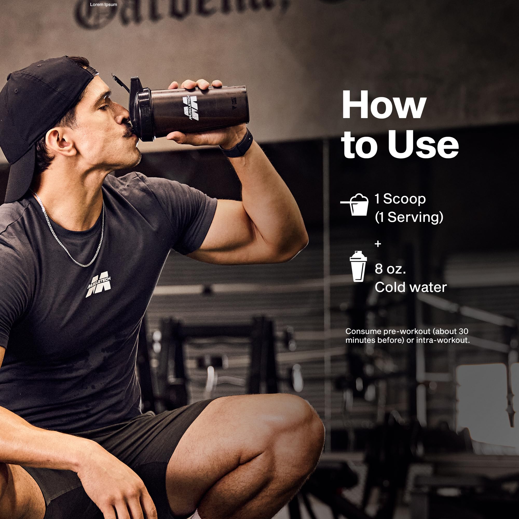 MuscleTech lata en mano para mostrar escala y conveniencia de 40 servicios