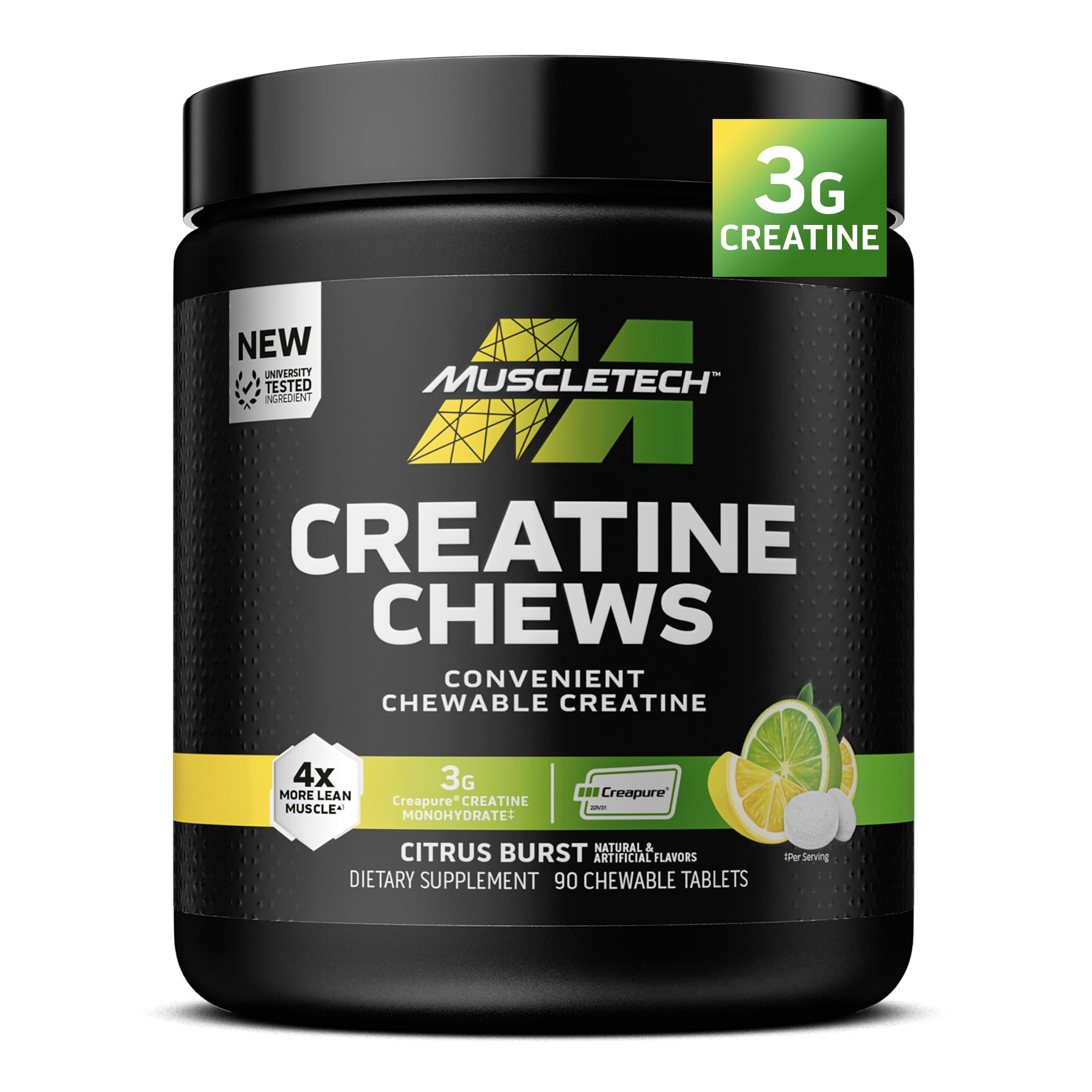 MuscleTech envase frontal mostrando 90 comprimidos y beneficio de portabilidad