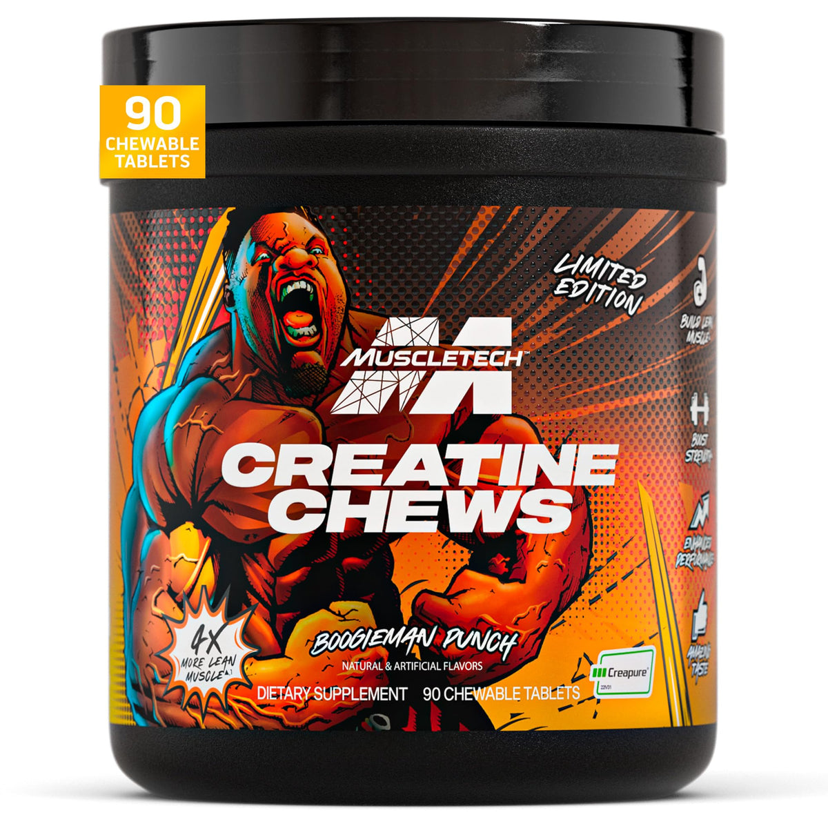 MuscleTech envase frontal con sabor Boogieman Punch y conveniencia portátil