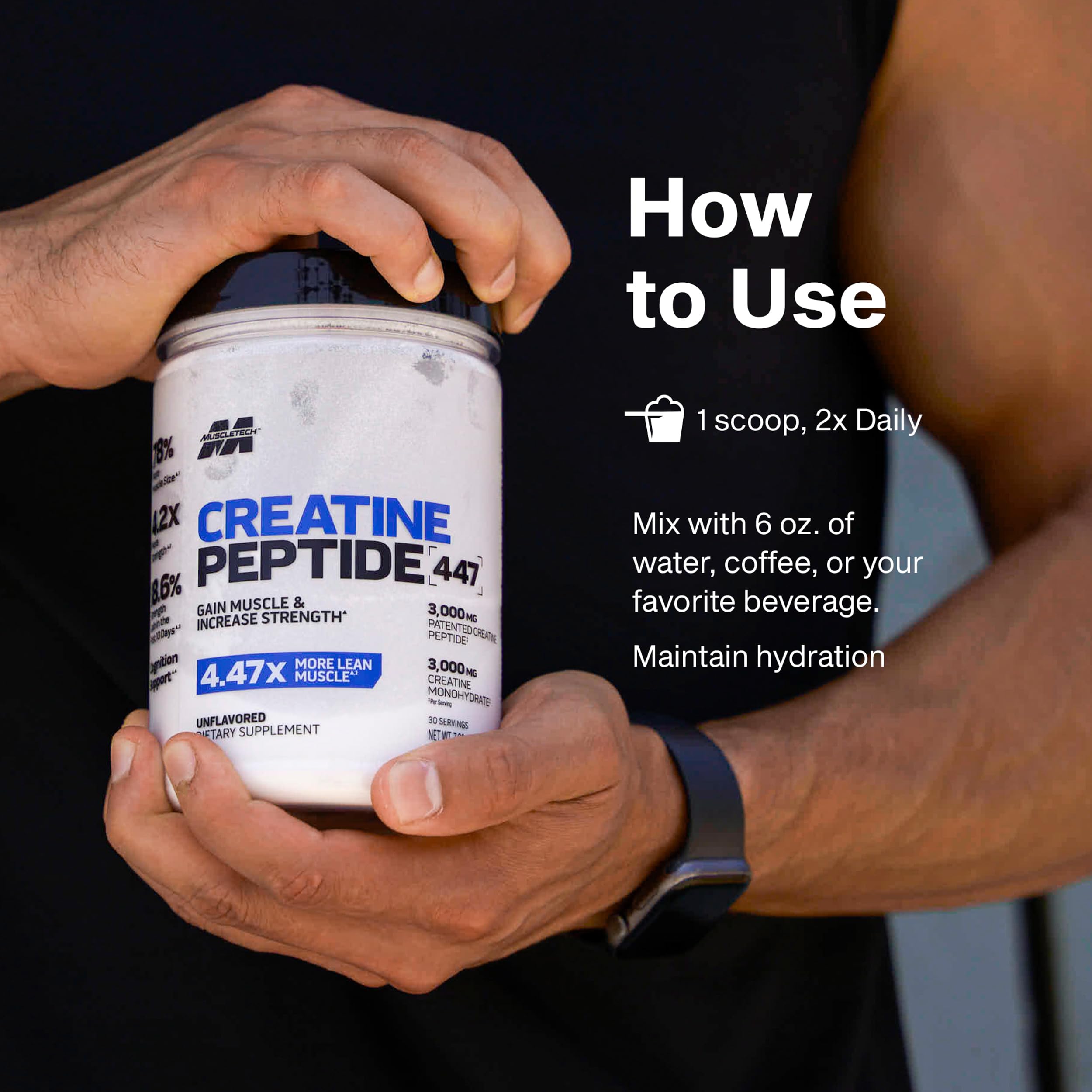 MuscleTech lata junto a una botella para referencia de tamaño y duración