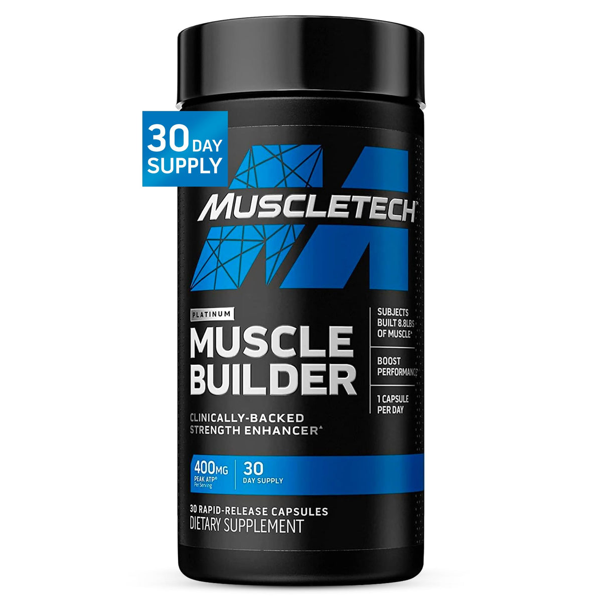 MuscleTech frasco frontal mostrando diseño y cantidad de cápsulas para conveniencia