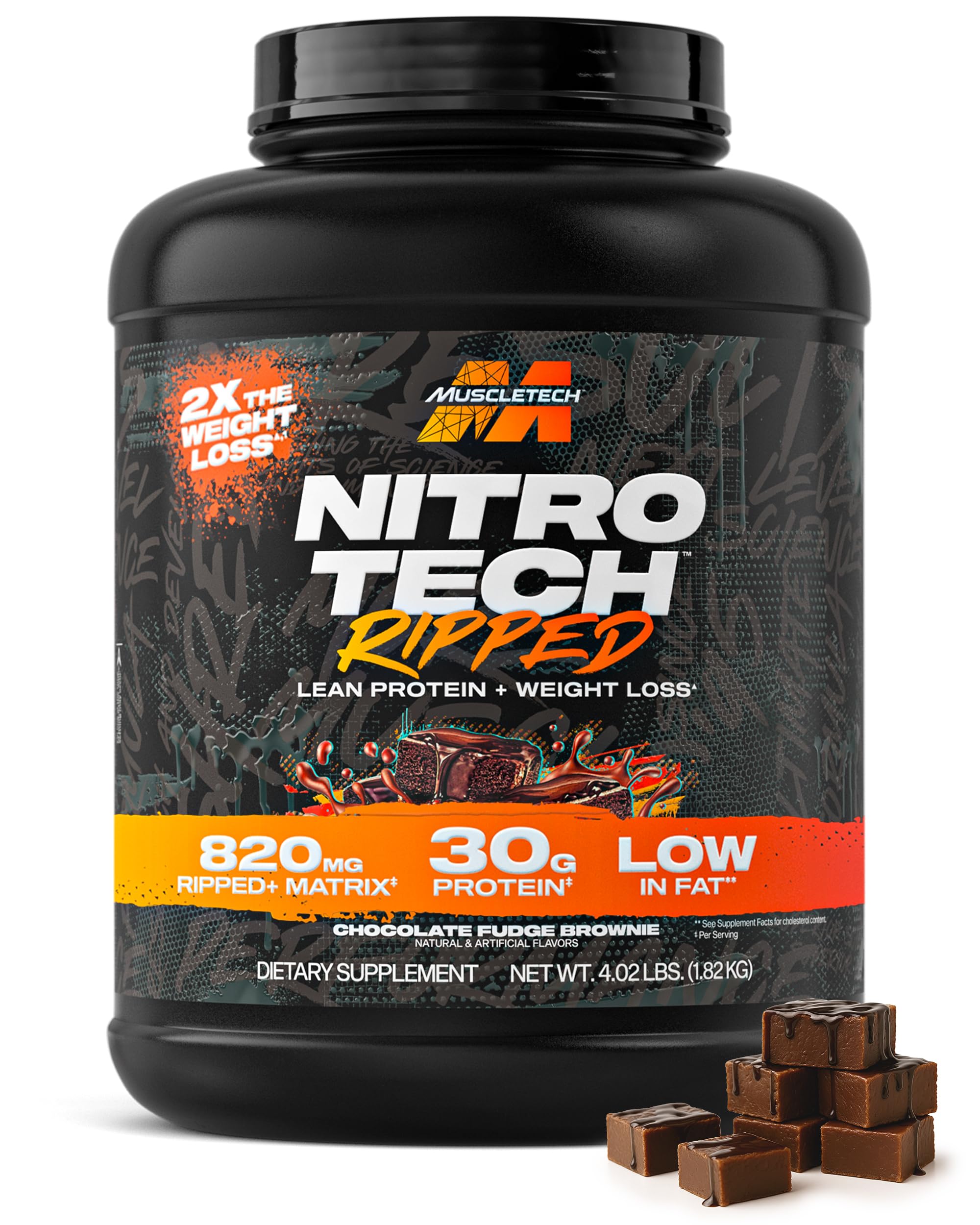 MuscleTech envase frontal mostrando sabor y tamaño, ideal para planificación de porciones