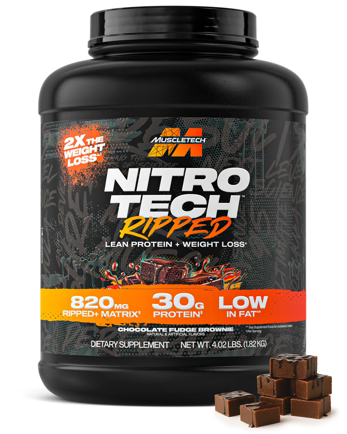 MuscleTech envase frontal mostrando sabor y tamaño, ideal para planificación de porciones