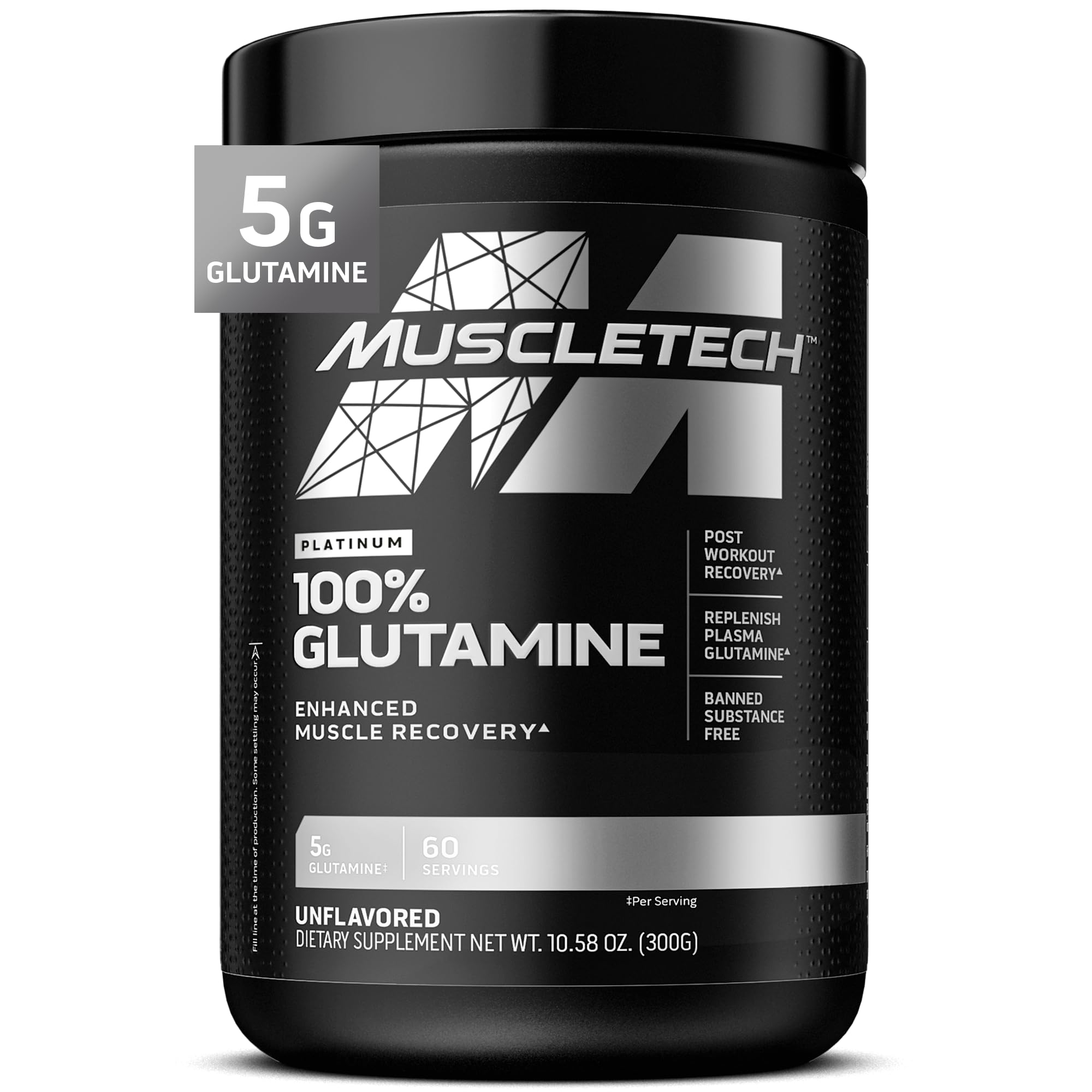 MuscleTech envase frontal mostrando glutamina pura sin sabor y fácil identificación