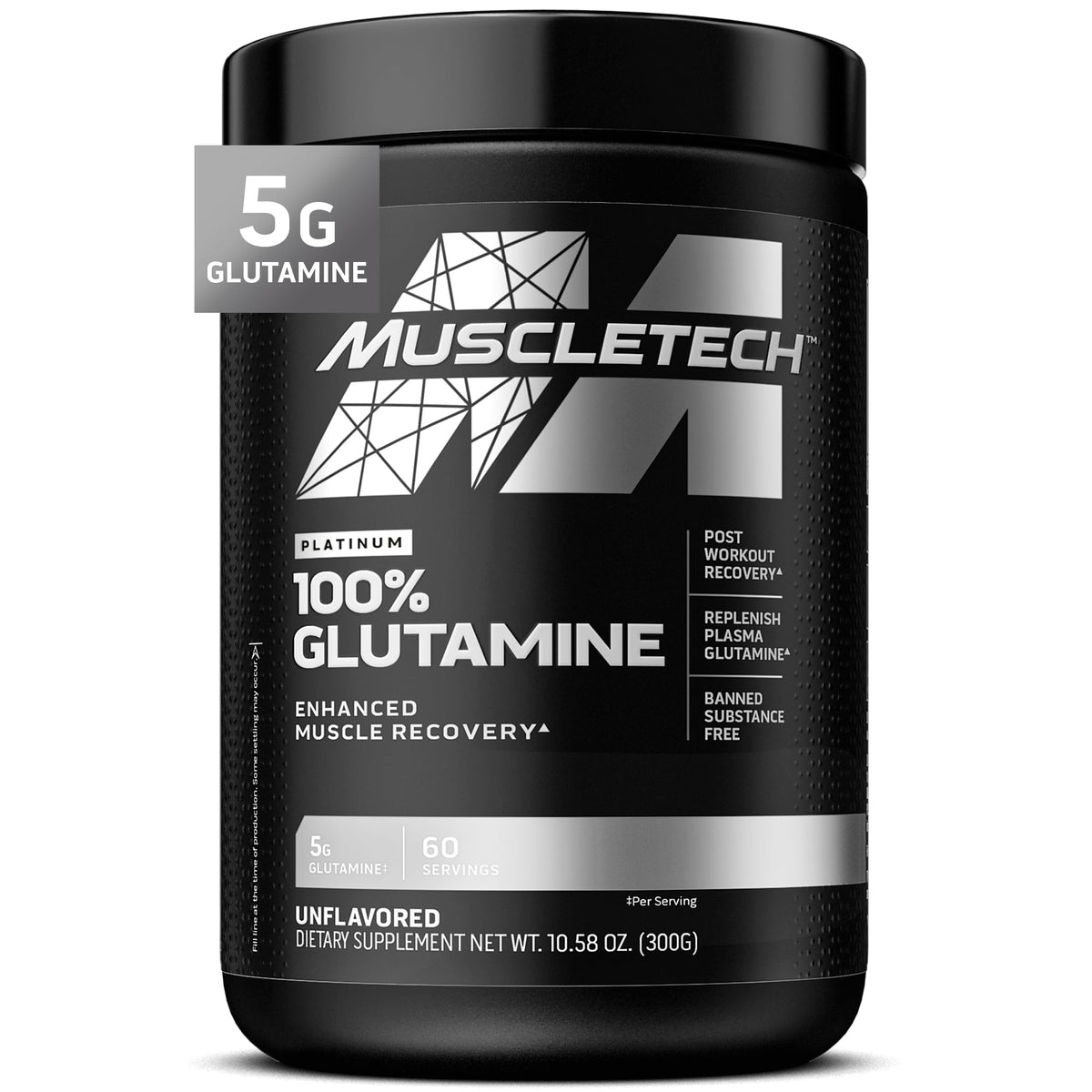 MuscleTech envase frontal mostrando glutamina pura sin sabor y fácil identificación