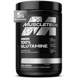 MuscleTech envase frontal mostrando glutamina pura sin sabor y fácil identificación