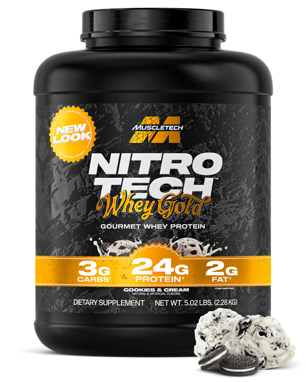 MuscleTech envase Nitro‑Tech 5 lb frontal mostrando etiqueta y sabor