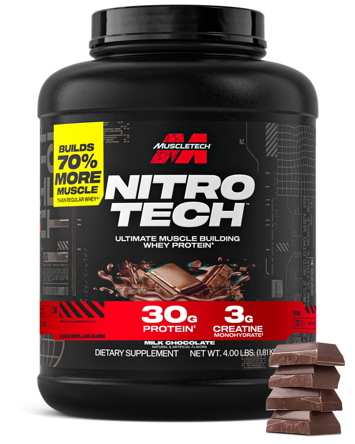 MuscleTech empaque frontal Nitro-Tech chocolate mostrando la marca y conveniencia