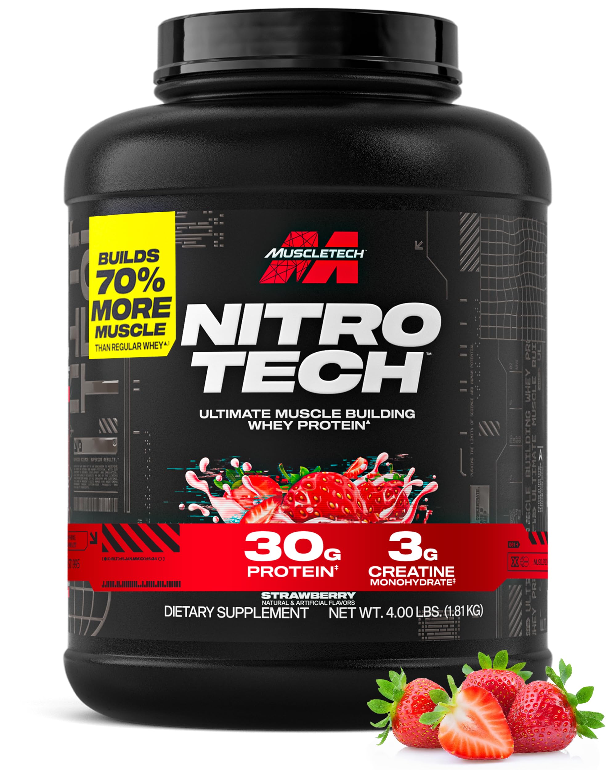 MuscleTech Nitro-Tech frente del envase mostrando tamaño y sabor fresa, ideal para entrenar