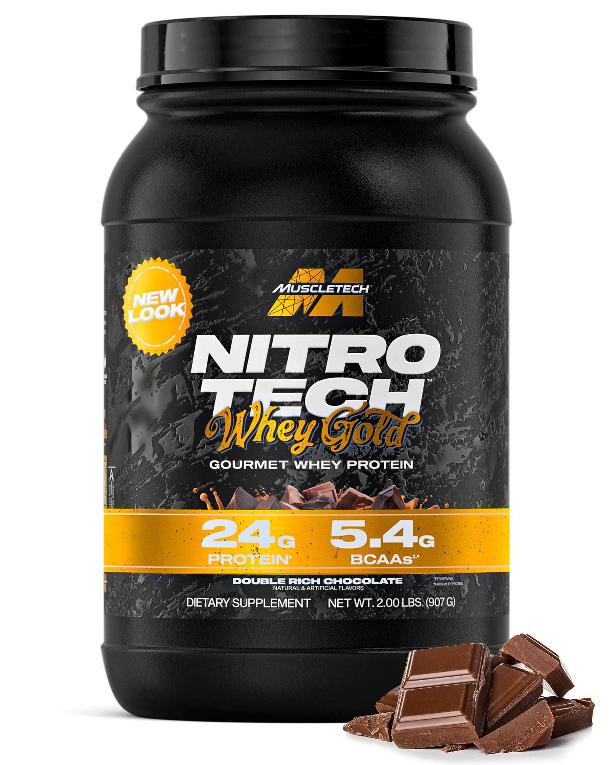 MuscleTech envase frontal Nitro‑Tech Whey Gold mostrando el sabor Double Rich Chocolate y beneficios