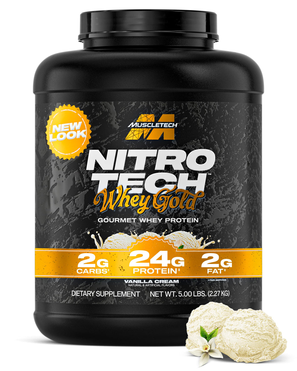 MuscleTech envase frontal Nitro-Tech Vainilla Cream mostrando la marca y beneficio proteico