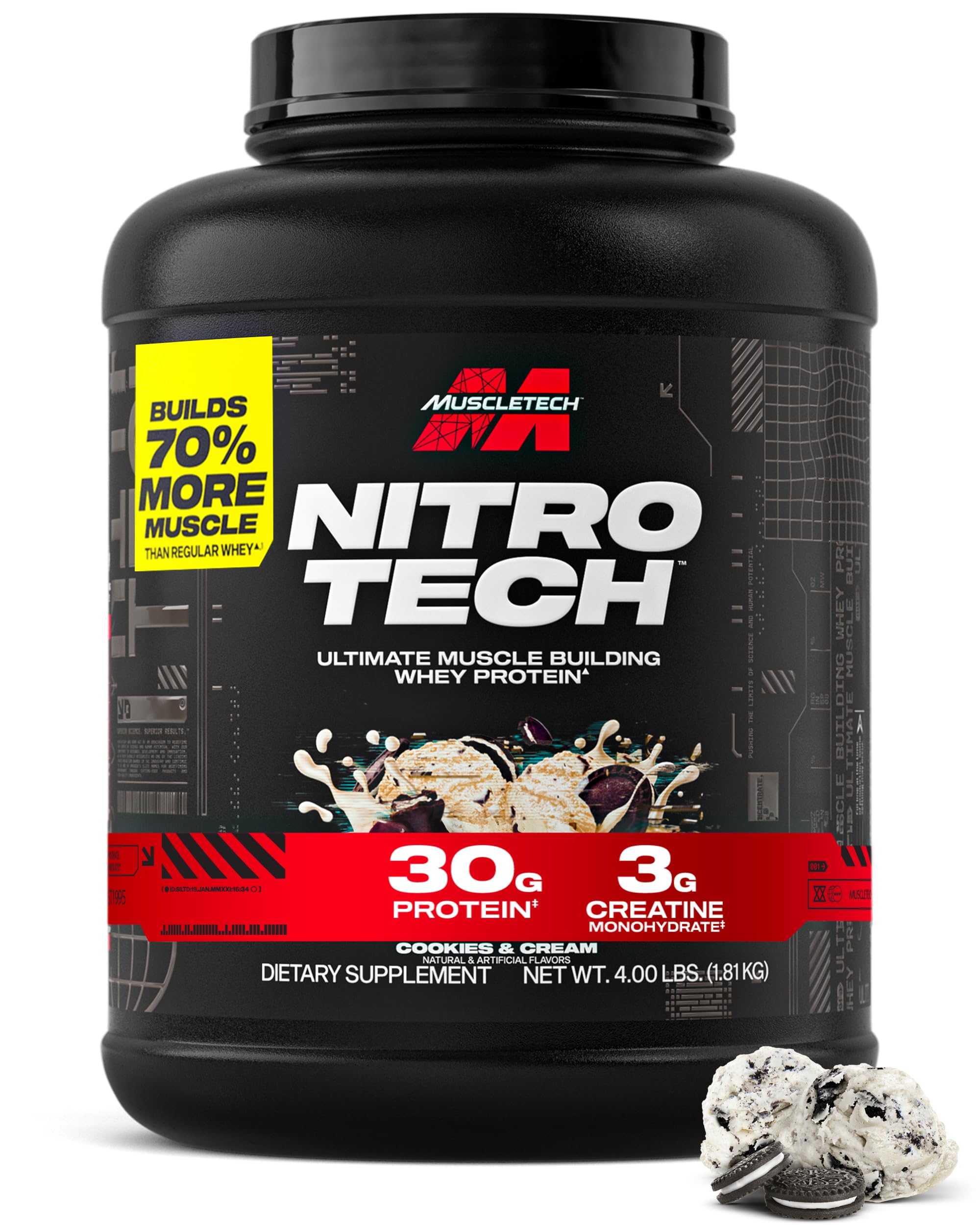 Muscletech envase frontal Nitro-Tech Cookies & Cream mostrando información clave