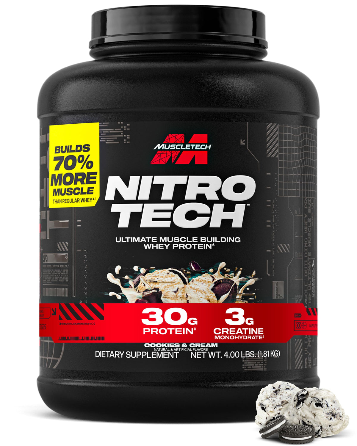Muscletech envase frontal Nitro-Tech Cookies & Cream mostrando información clave